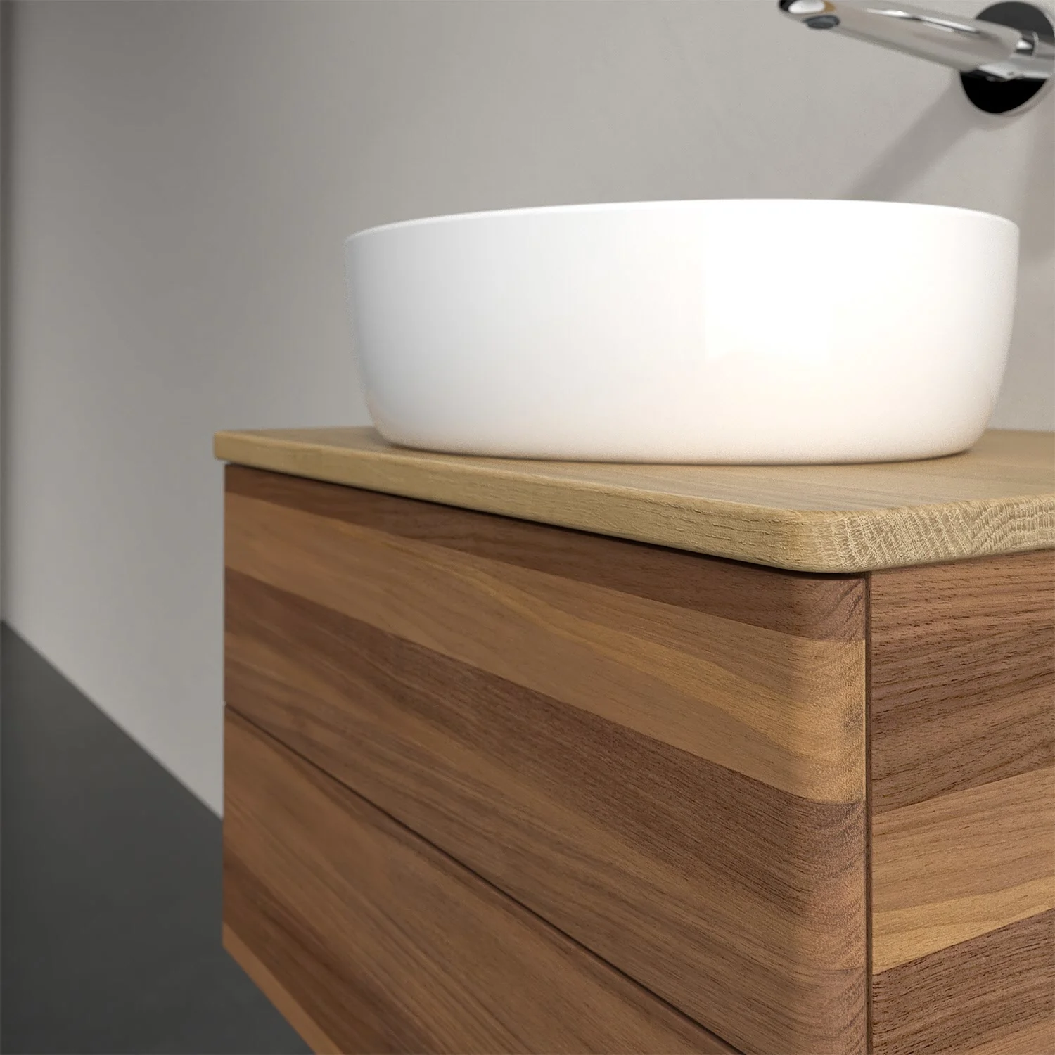 Umywalka na drewnianym blacie z ciemną drewnianą szufladą, Villeroy & Boch