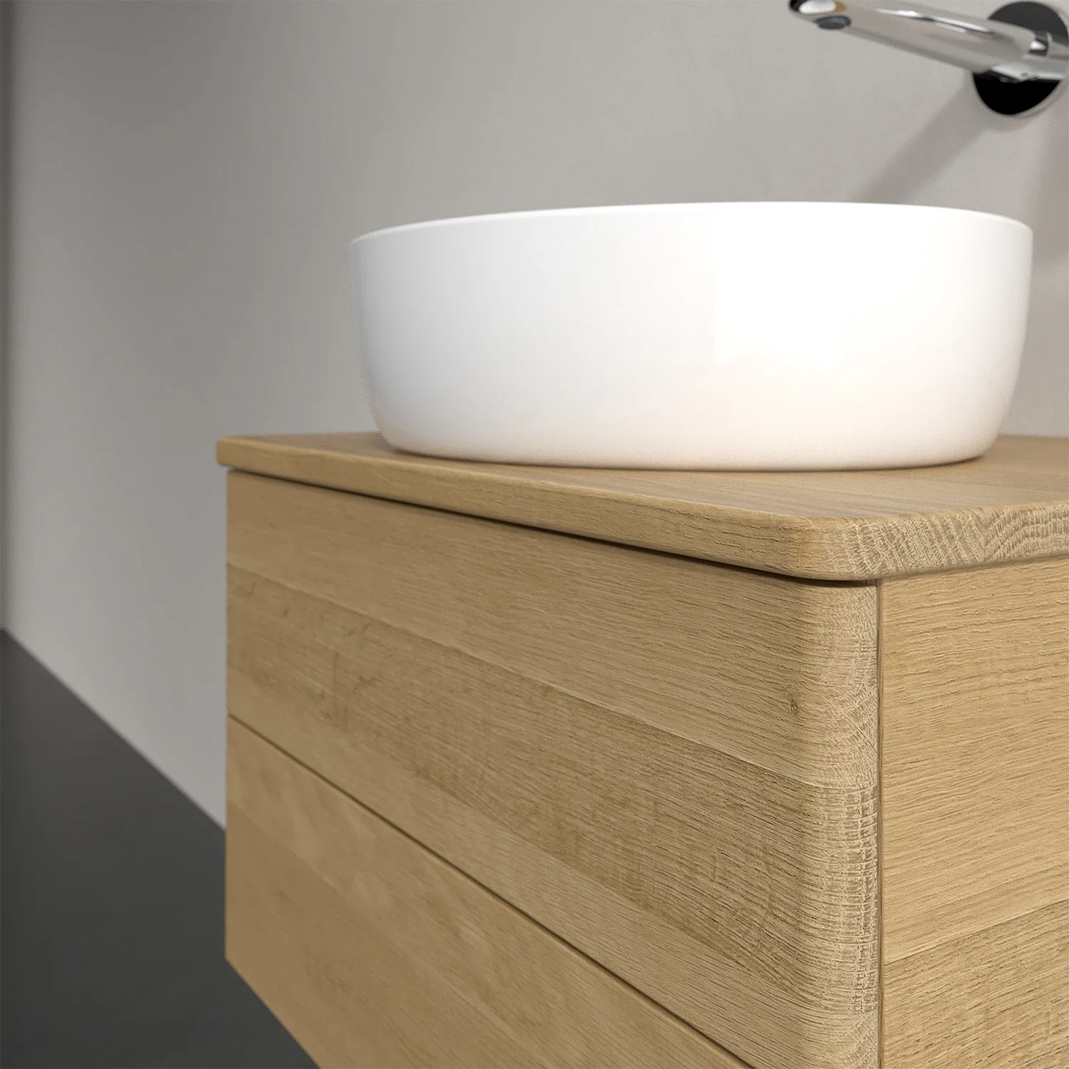 Umywalka na drewnianym blacie z jasną drewnianą szufladą, Villeroy & Boch