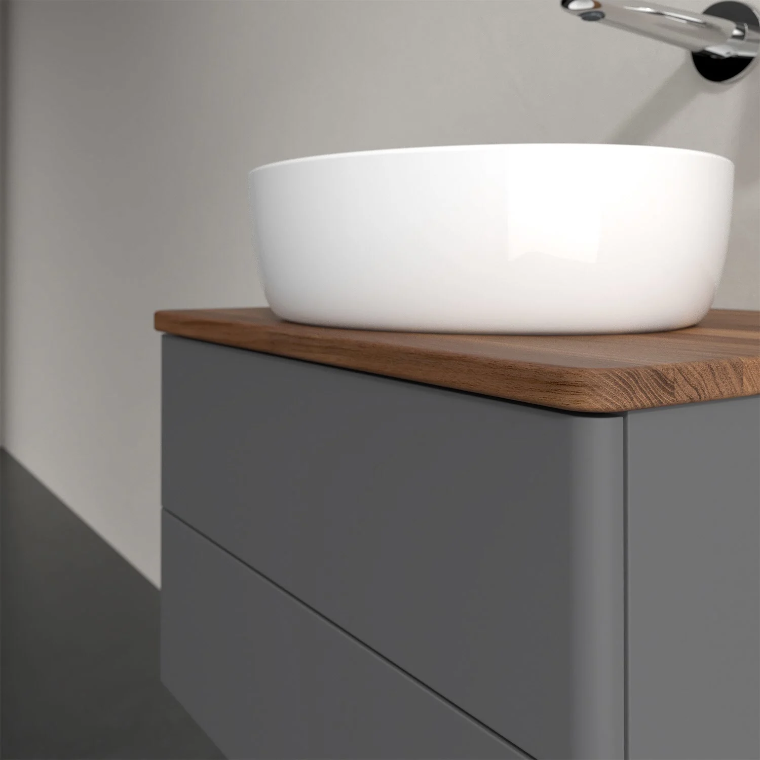 Umywalka na drewnianym blacie z szarą szufladą, Villeroy & Boch