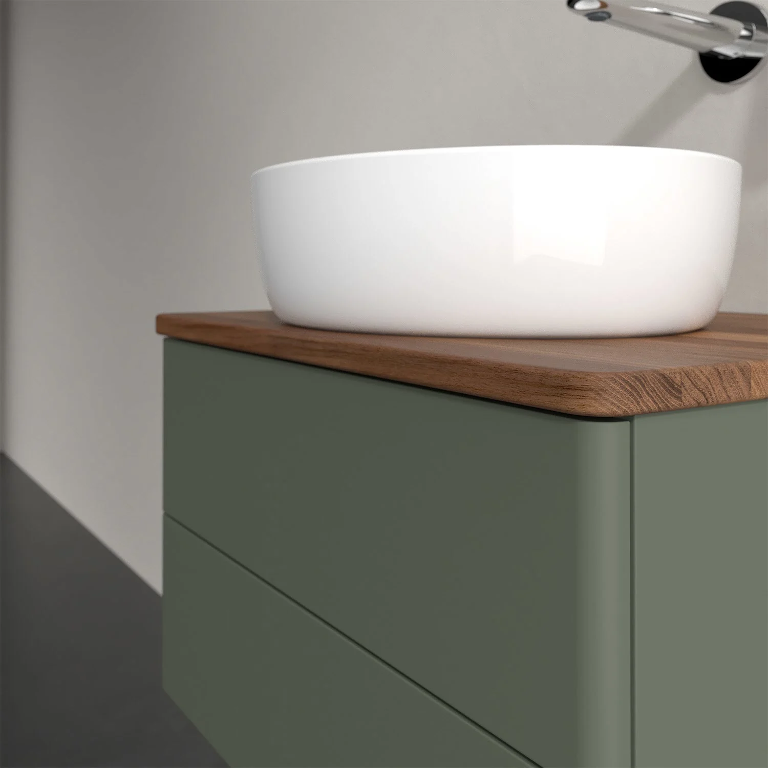 Umywalka na zielonej szafce w łazience, Villeroy & Boch
