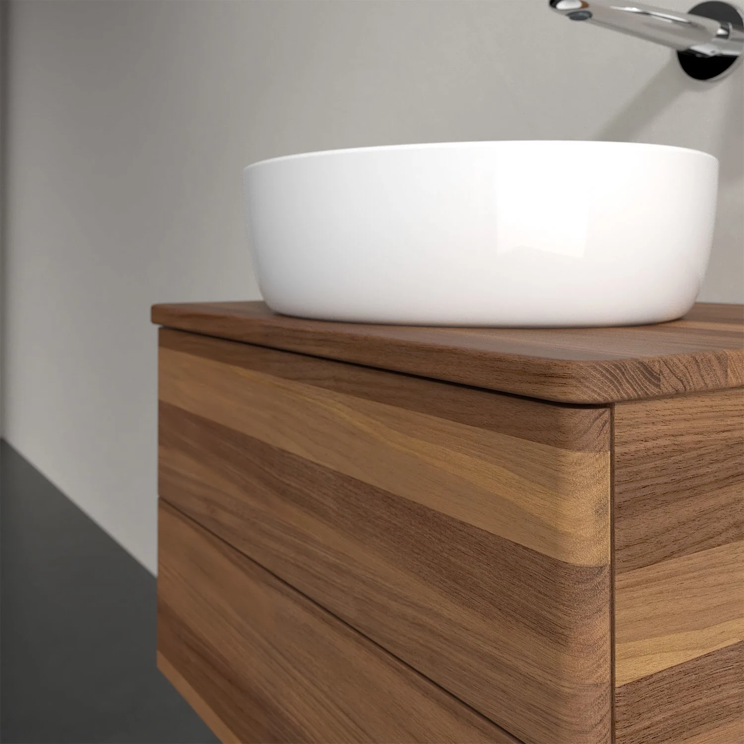 Umywalka na drewnianej szafce w łazience, Villeroy & Boch