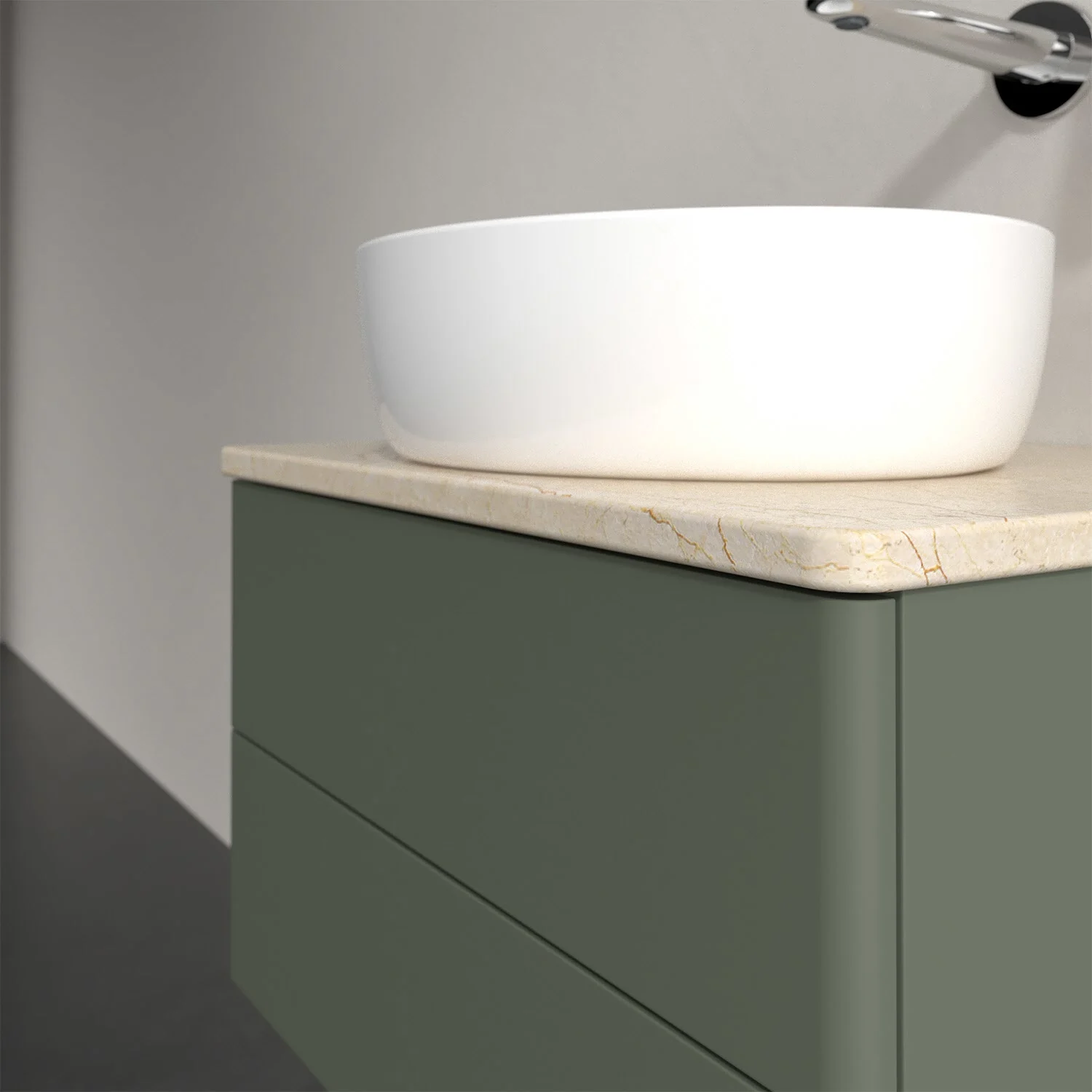 Biała umywalka na zielonej szafce w łazience, Villeroy & Boch