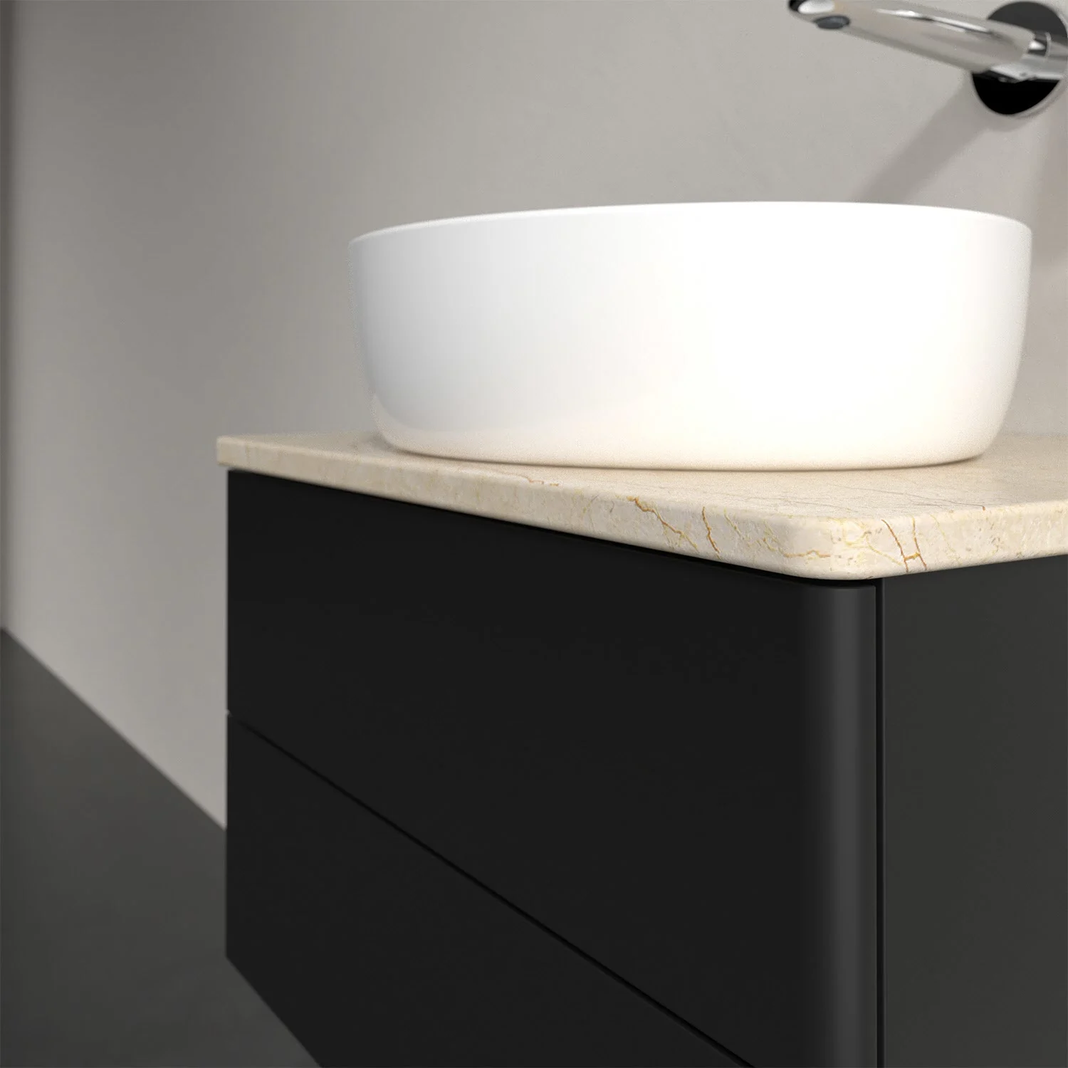 Biała umywalka na czarnej szafce w łazience, Villeroy & Boch