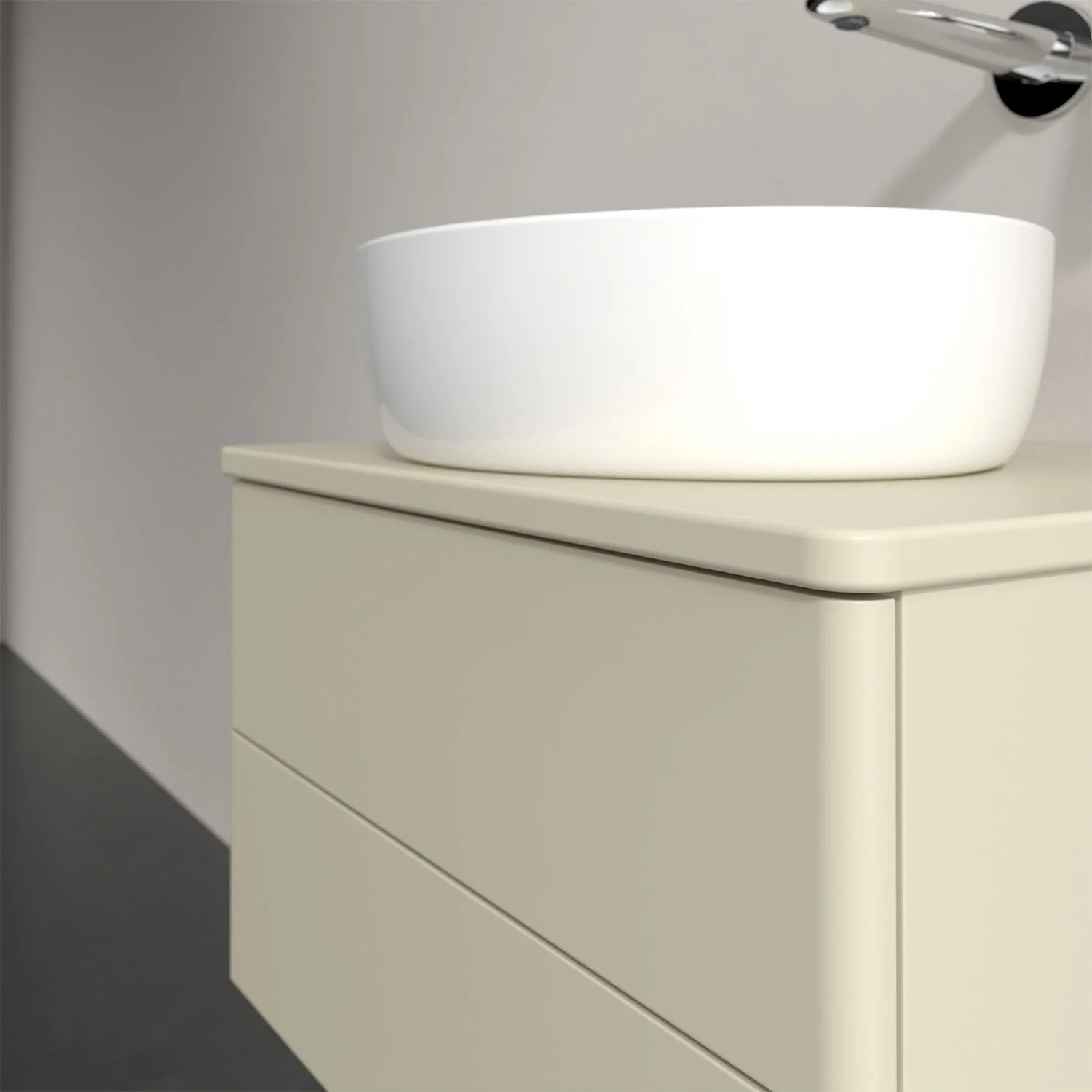 Jasnobeżowa umywalka z szafką w zbliżeniu, Villeroy & Boch
