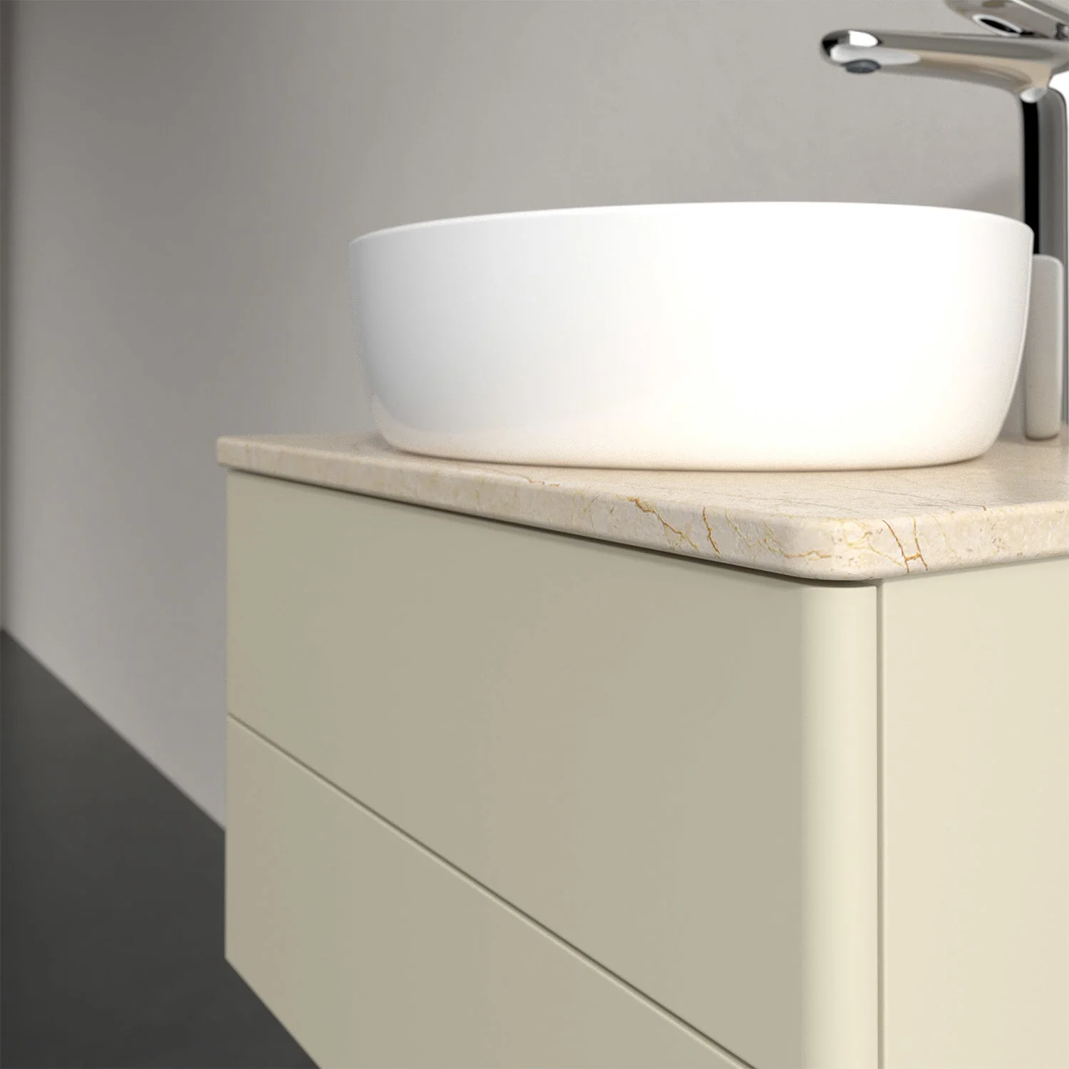 Umywalka na kremowej szafce w łazience, Villeroy & Boch