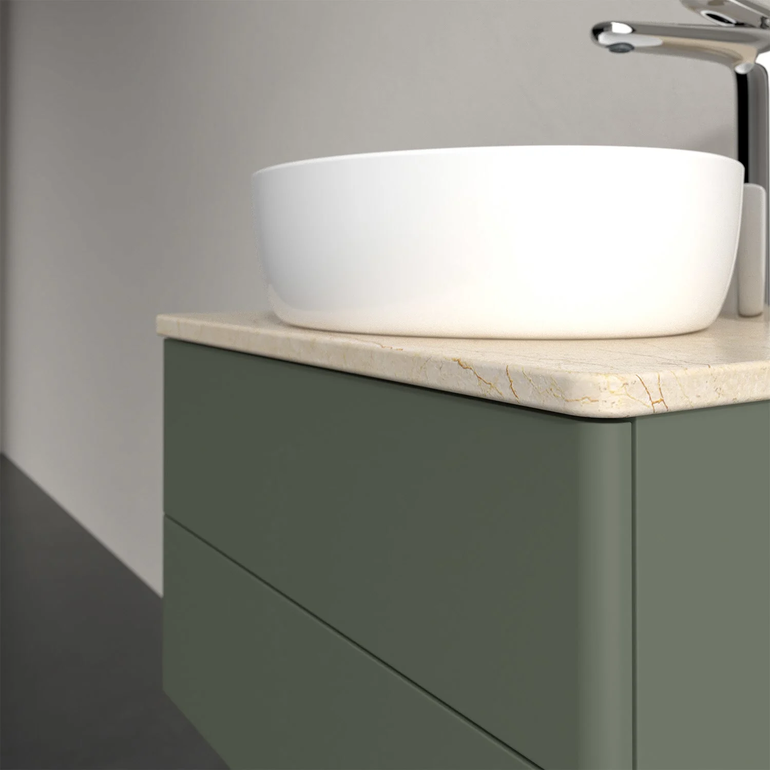 Umywalka na zielonej szafce w łazience, Villeroy & Boch