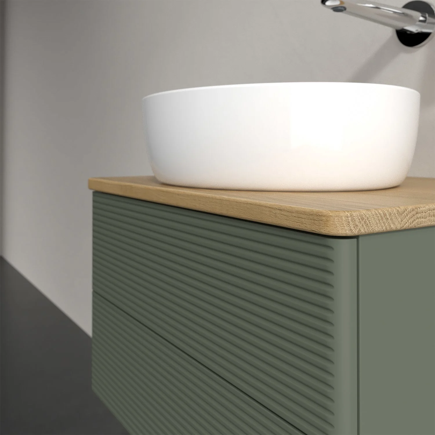 Umywalka na zielonej szafce w łazience, Villeroy & Boch