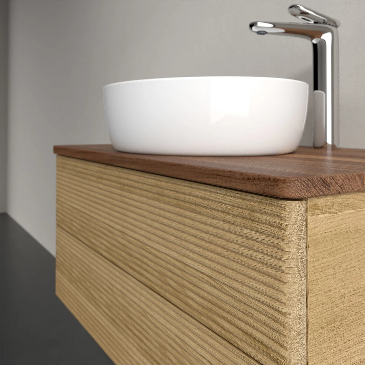 Zbliżenie na umywalkę z jasną drewnianą powierzchnią, Villeroy & Boch