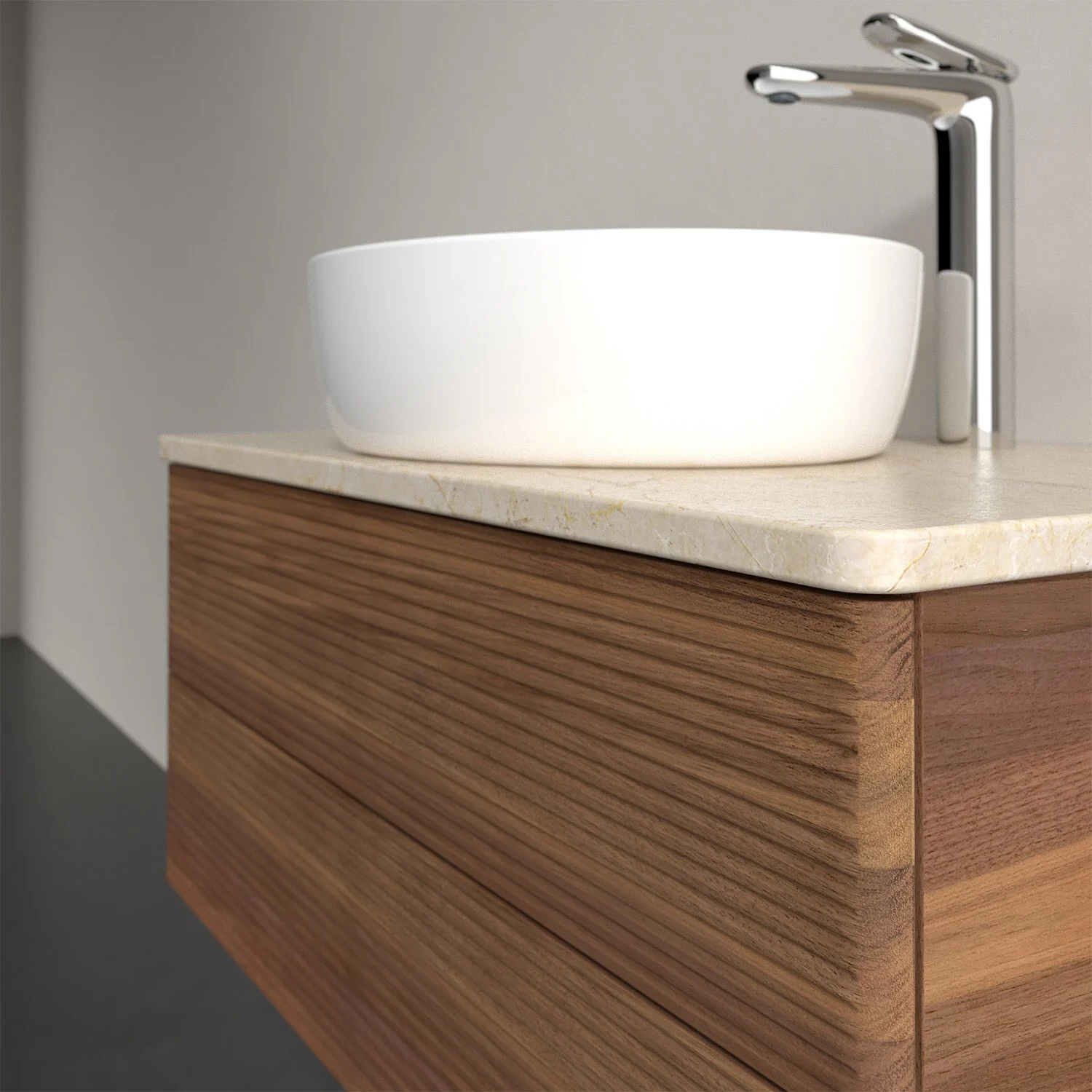 Umywalka z ciemną drewnianą szafką widok z boku, Villeroy & Boch