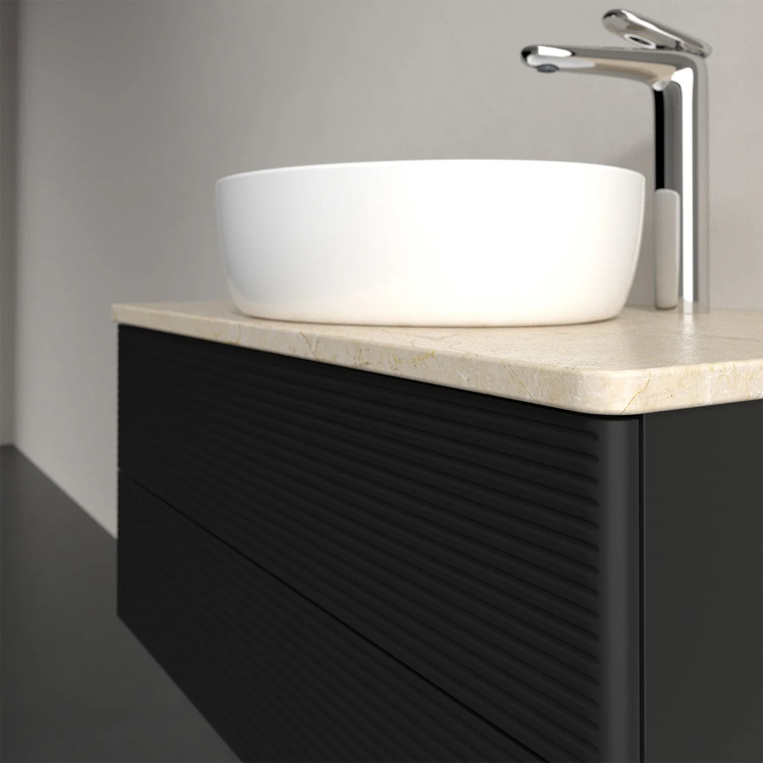 Umywalka z czarną szafką widok z boku, Villeroy & Boch