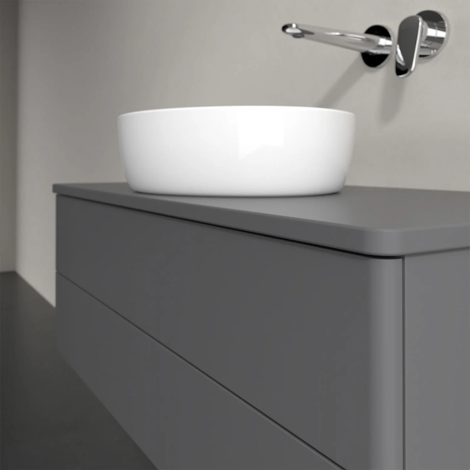 Szara umywalka z umywalką i baterią ścienną, Villeroy & Boch