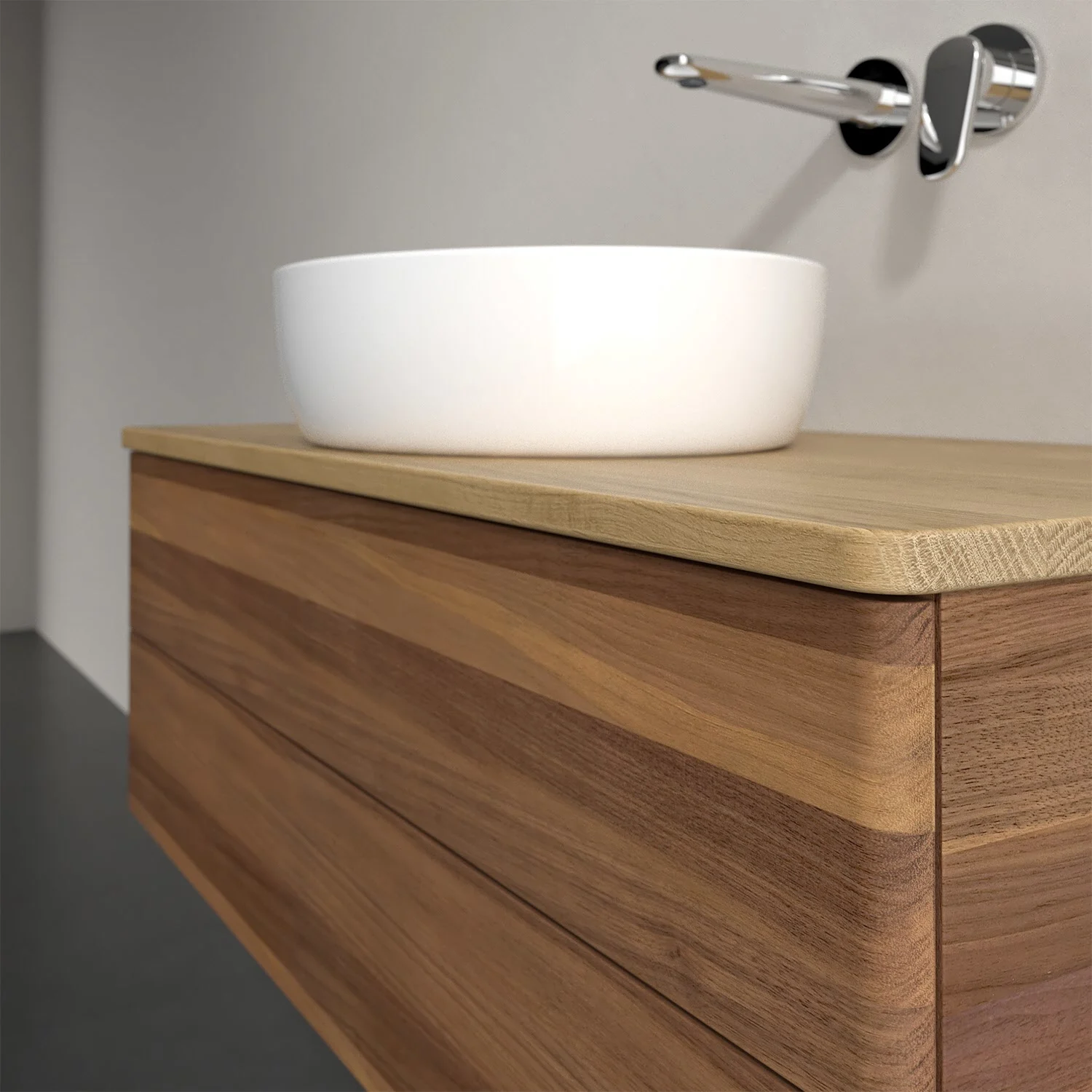 Umywalka z drewnianą powierzchnią i białą umywalką, Villeroy & Boch
