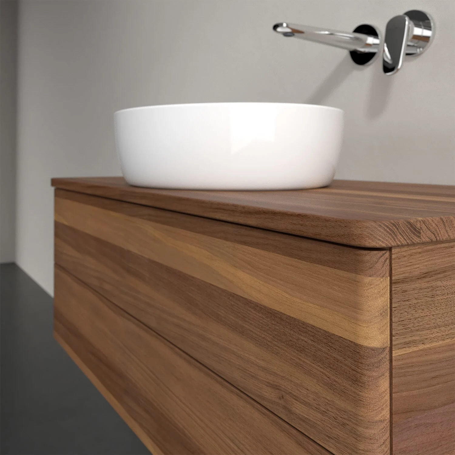 Umywalka z drewnianą powierzchnią i białą umywalką, Villeroy & Boch