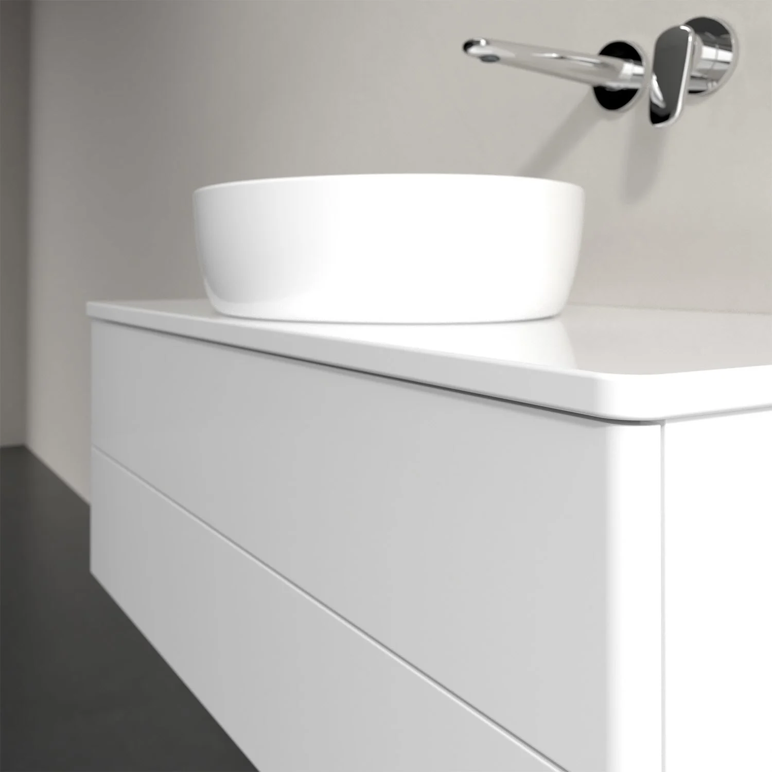 Umywalka na białej szafce w łazience, Villeroy & Boch