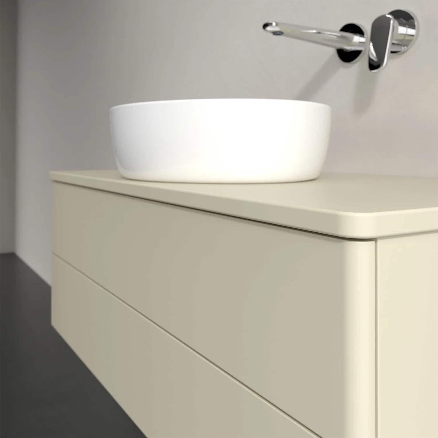 Umywalka na beżowej szafce w łazience, Villeroy & Boch