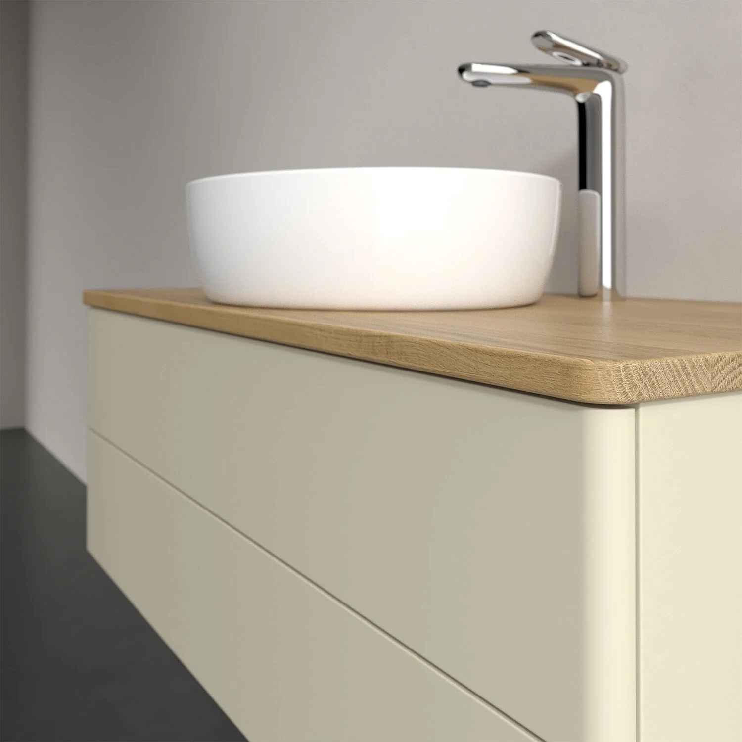 Umywalka na drewnianym blacie, widok z boku, Villeroy & Boch