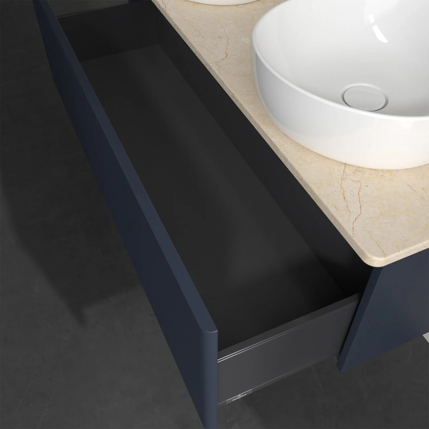 Otwarta szuflada pod umywalką z jasną powierzchnią, Villeroy & Boch