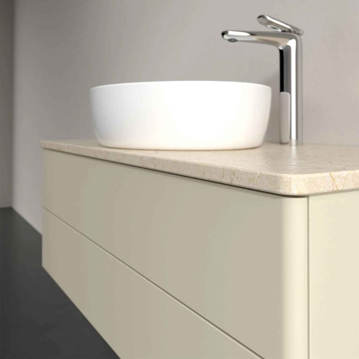 Beżowa szafka łazienkowa z białą umywalką widok z boku, Villeroy & Boch