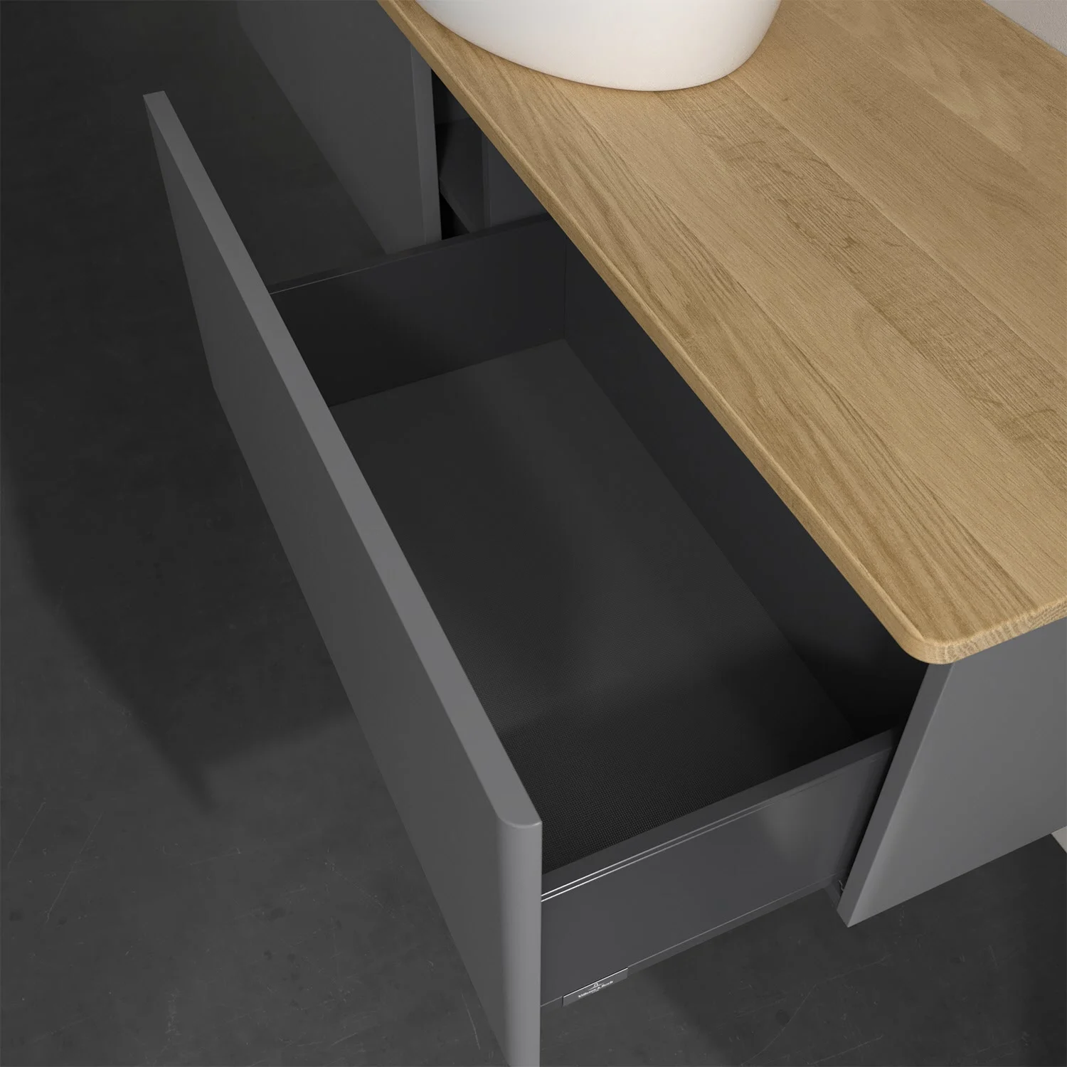 Zbliżenie otwartej szafki z szufladami w łazience, Villeroy & Boch