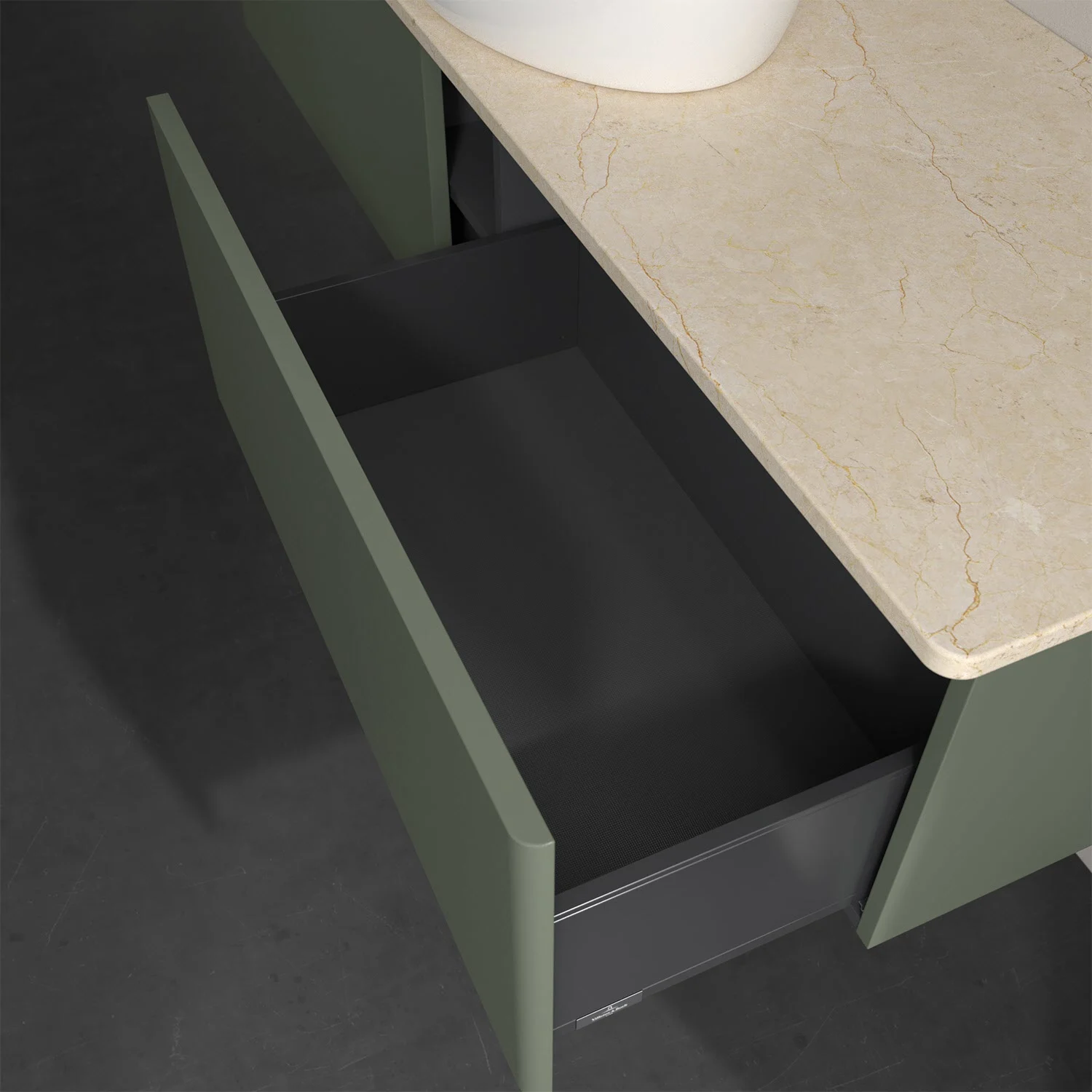 Otwarta szuflada pod marmurowym blatem w łazience, Villeroy & Boch