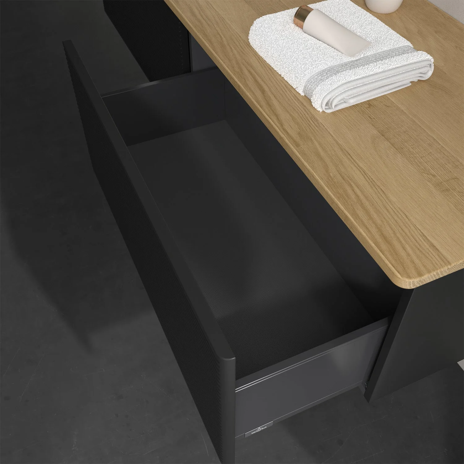 Otwarta szuflada z ręcznikiem i dozownikiem mydła, Villeroy & Boch