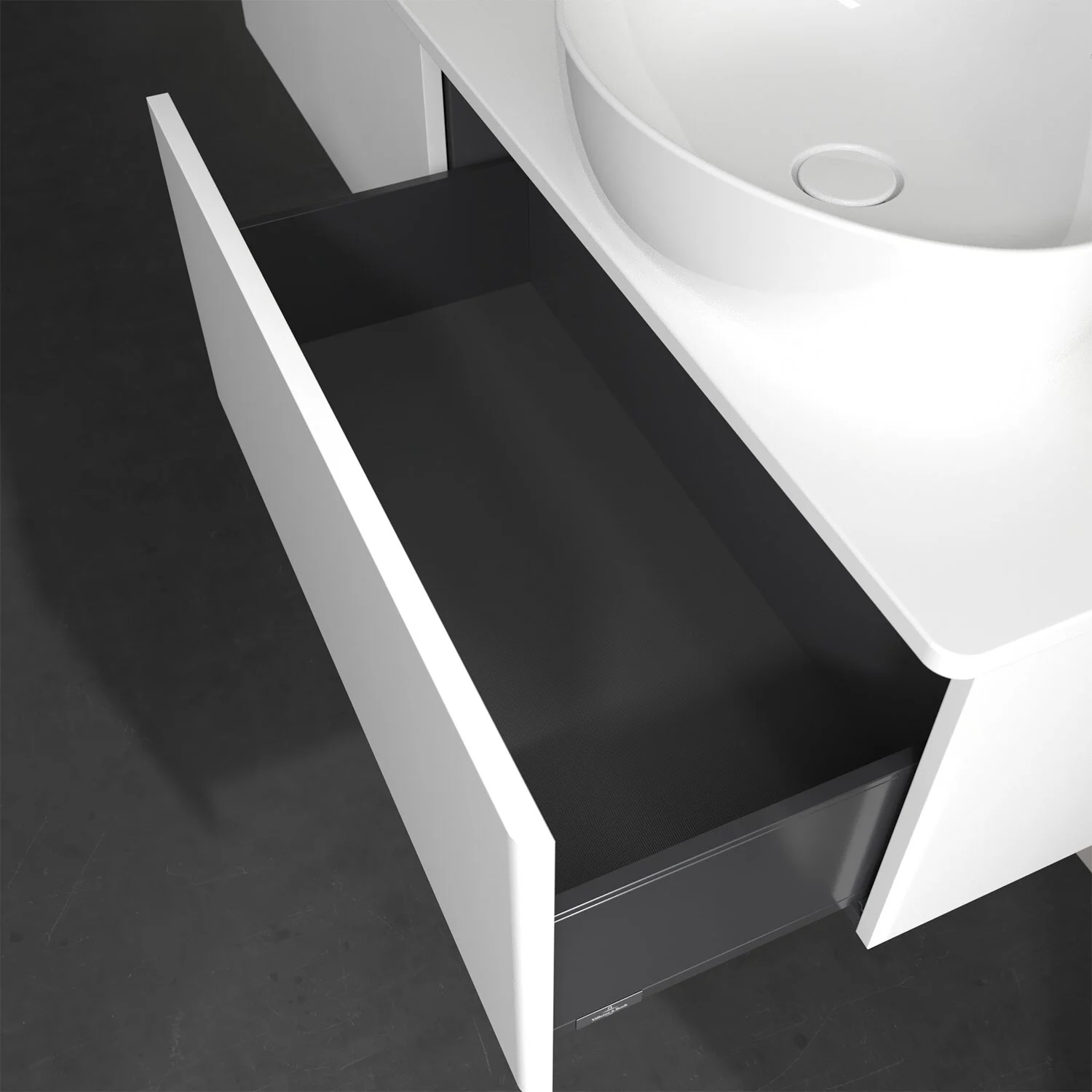Otwarta szuflada pod białą umywalką, Villeroy & Boch