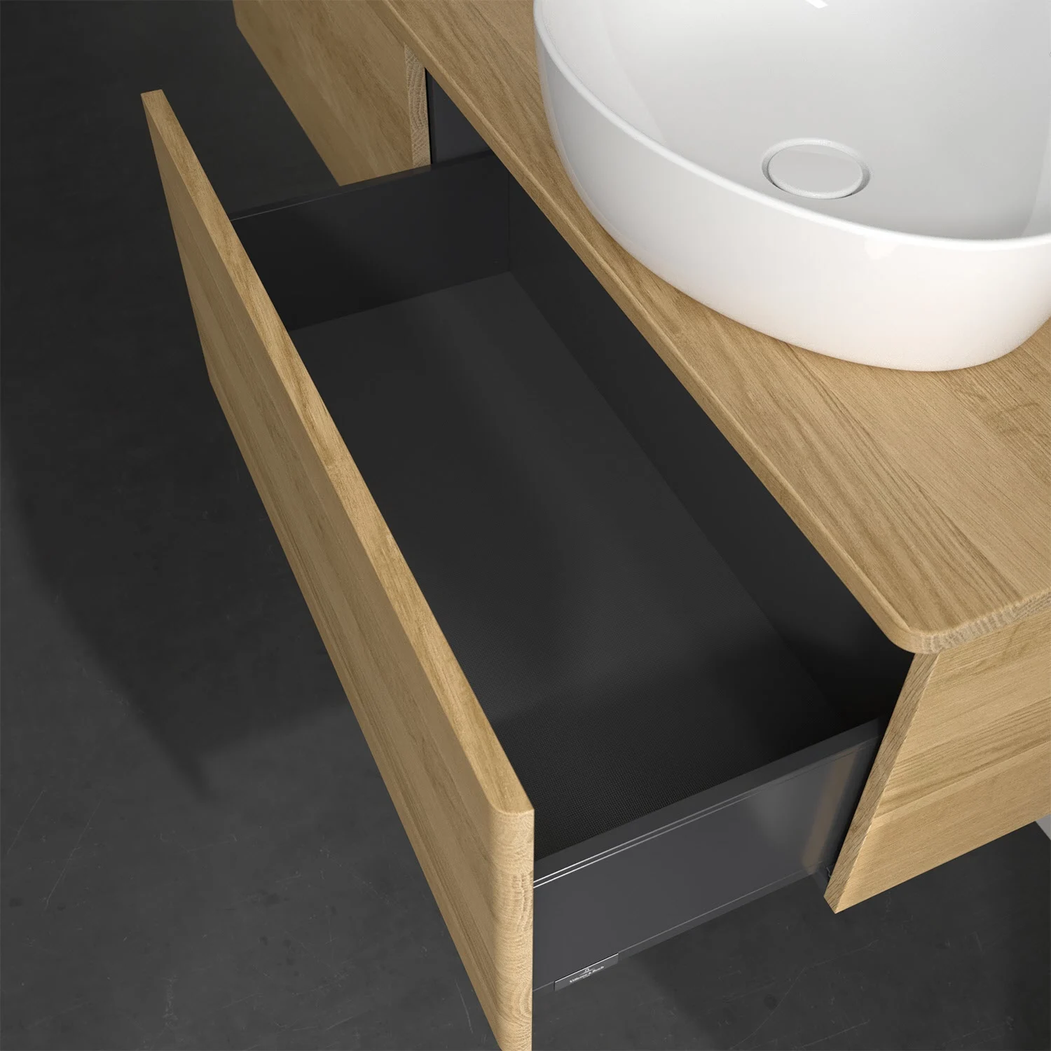 Meble łazienkowe w wyglądzie drewna z otwartą szufladą i umywalką, Villeroy & Boch