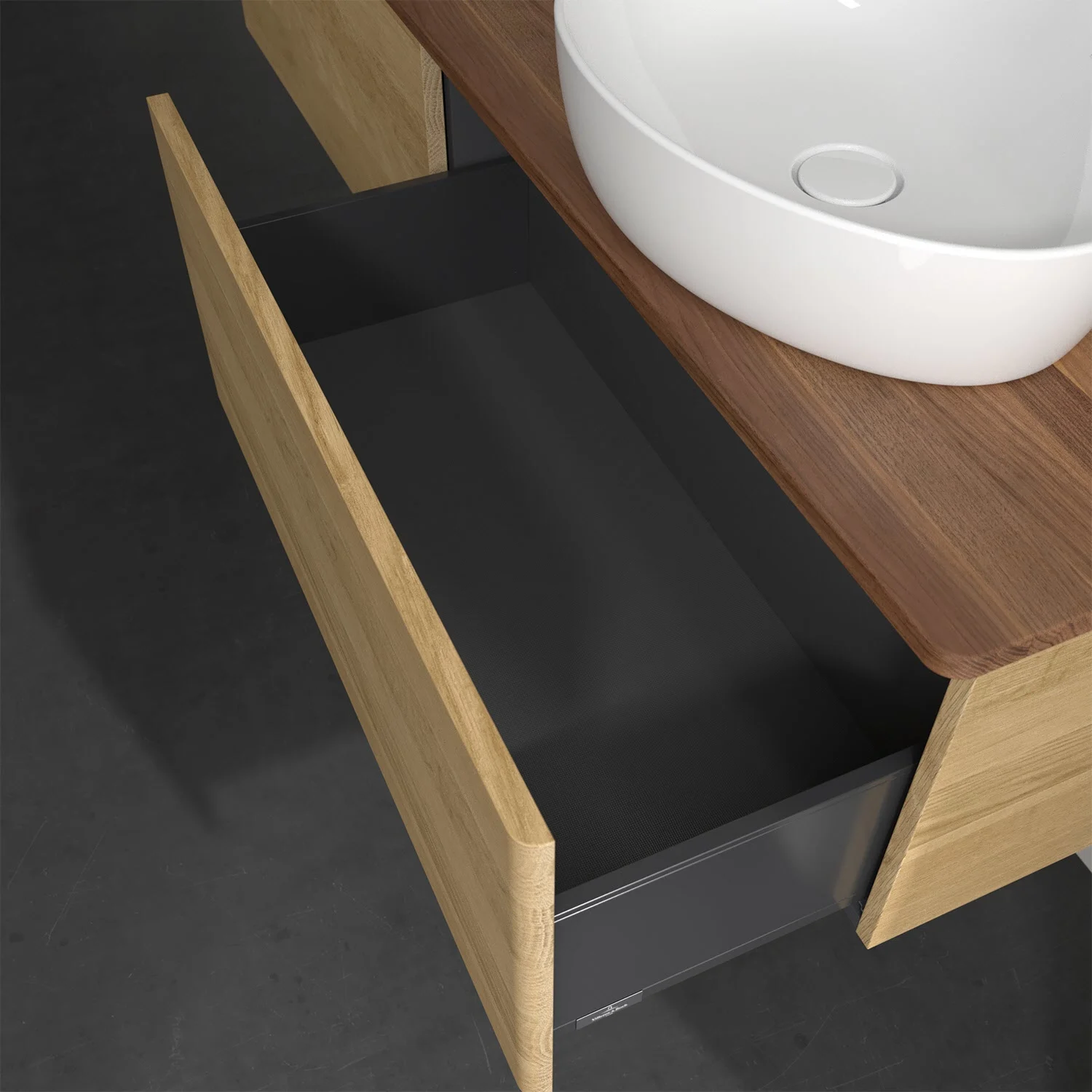 Otwarta szuflada pod drewnianym blatem i umywalką, Villeroy & Boch