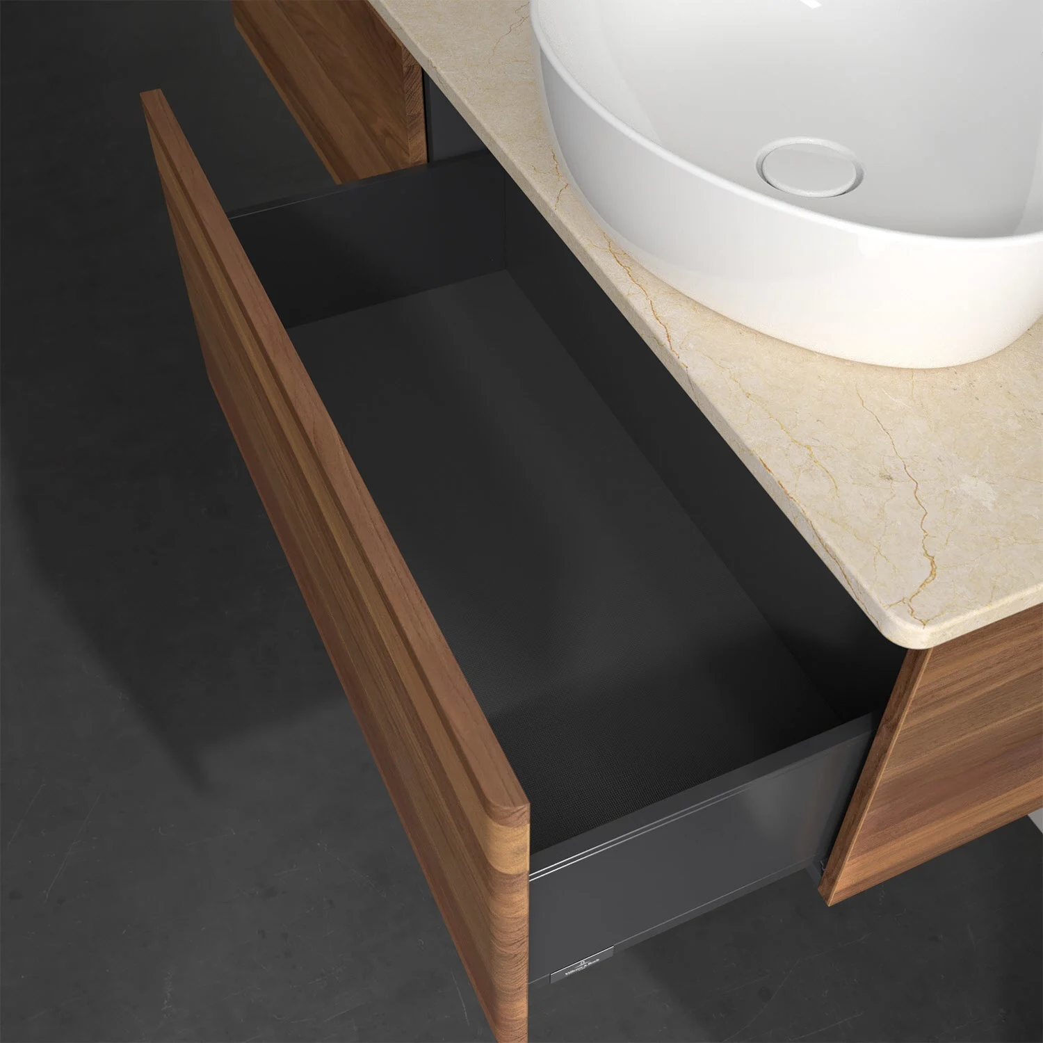 Otwarta szuflada pod umywalką widok z góry, Villeroy & Boch