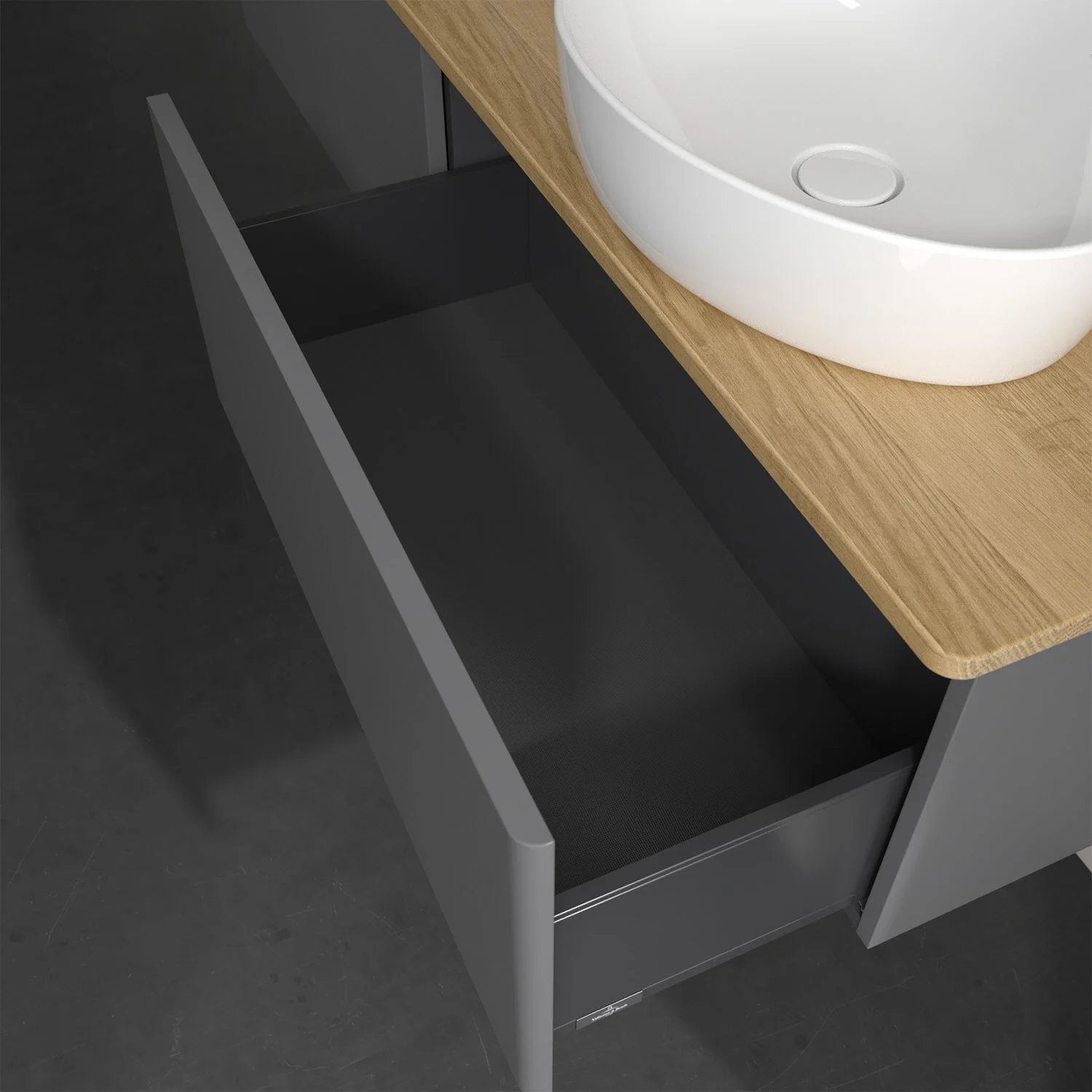 Umywalka z drewnianą powierzchnią i otwartą szufladą, Villeroy & Boch