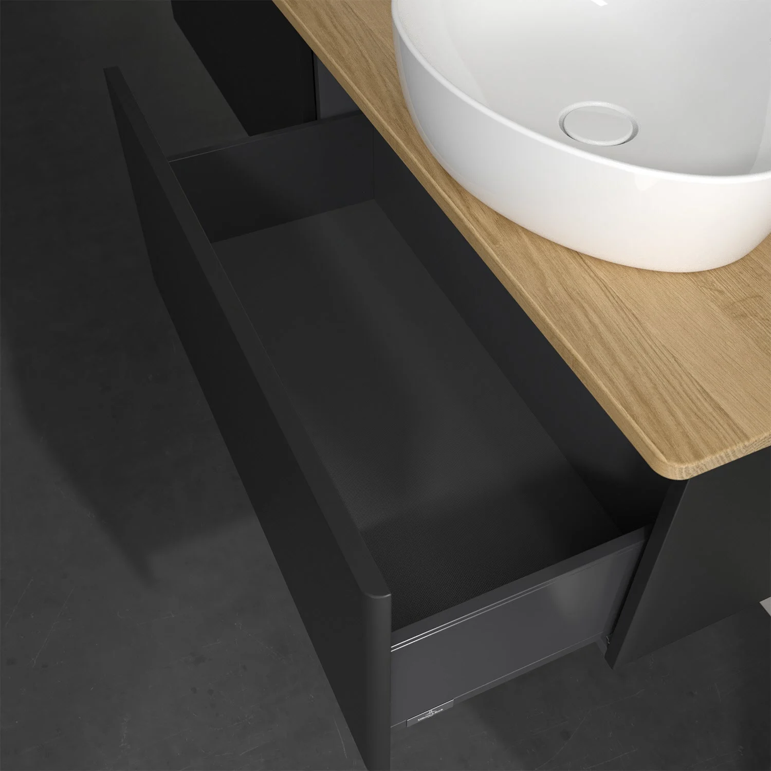 Otwarta szuflada pod umywalką zbliżenie, Villeroy & Boch