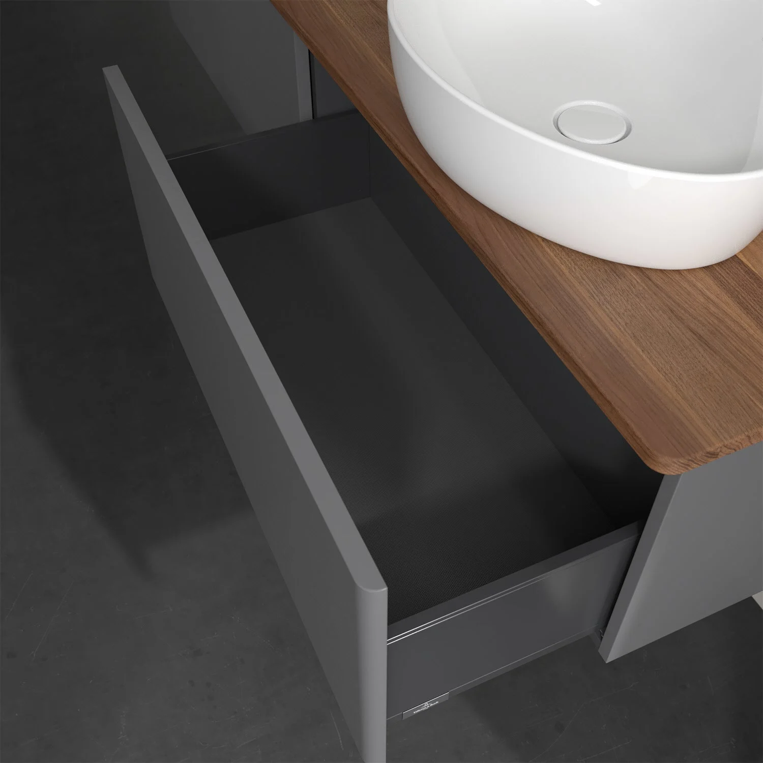 Otwarta szuflada pod umywalką zbliżenie, Villeroy & Boch