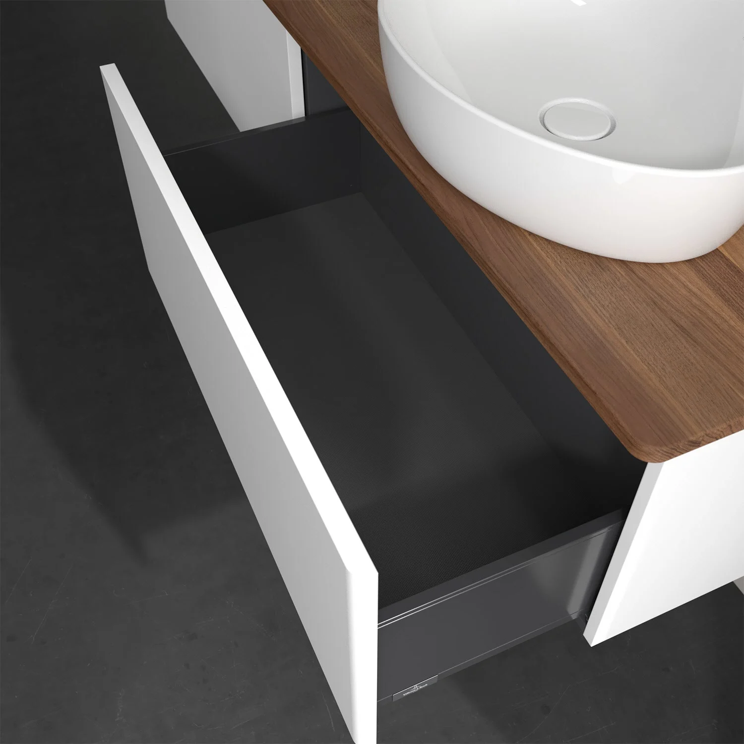 Białe meble łazienkowe z otwartą szufladą z góry, Villeroy & Boch