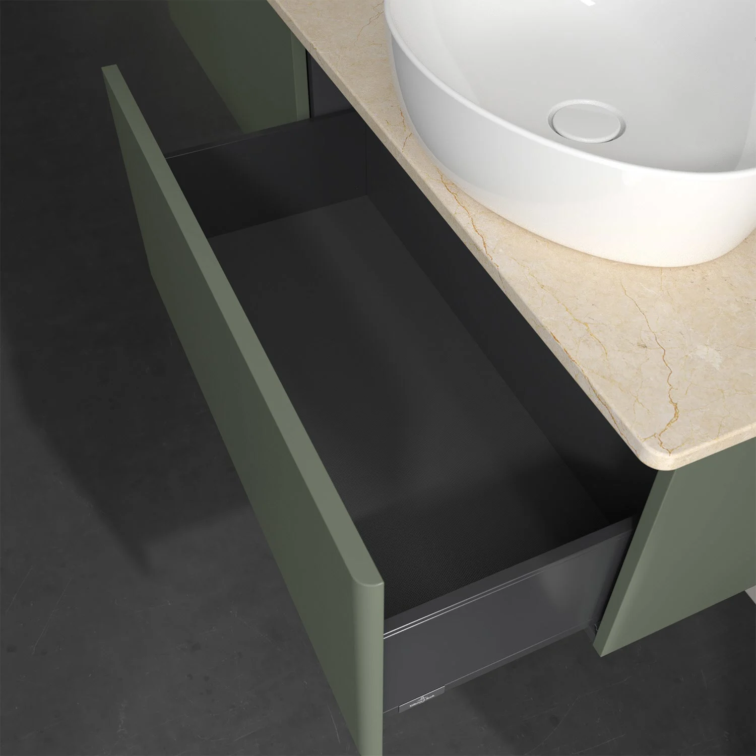 Zielone meble łazienkowe z otwartą szufladą i umywalką, Villeroy & Boch