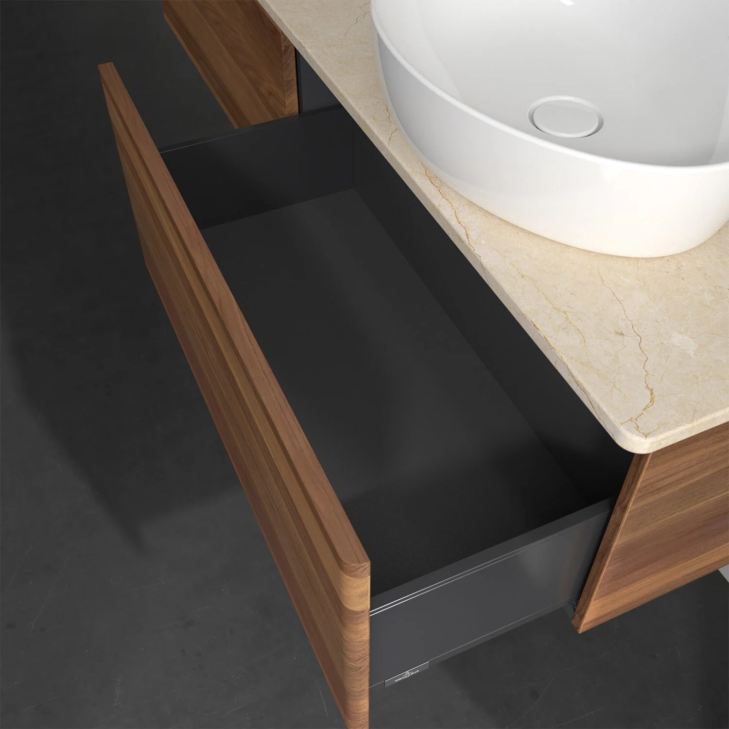 Drewniane meble łazienkowe z otwartą szufladą i umywalką, Villeroy & Boch