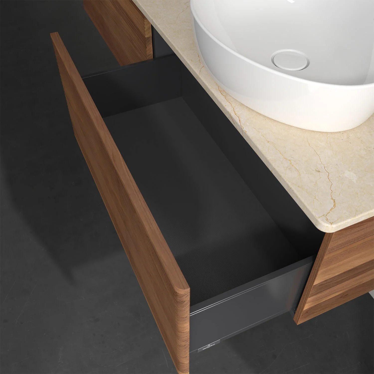 Zbliżenie na otwartą szafkę z umywalką, Villeroy & Boch
