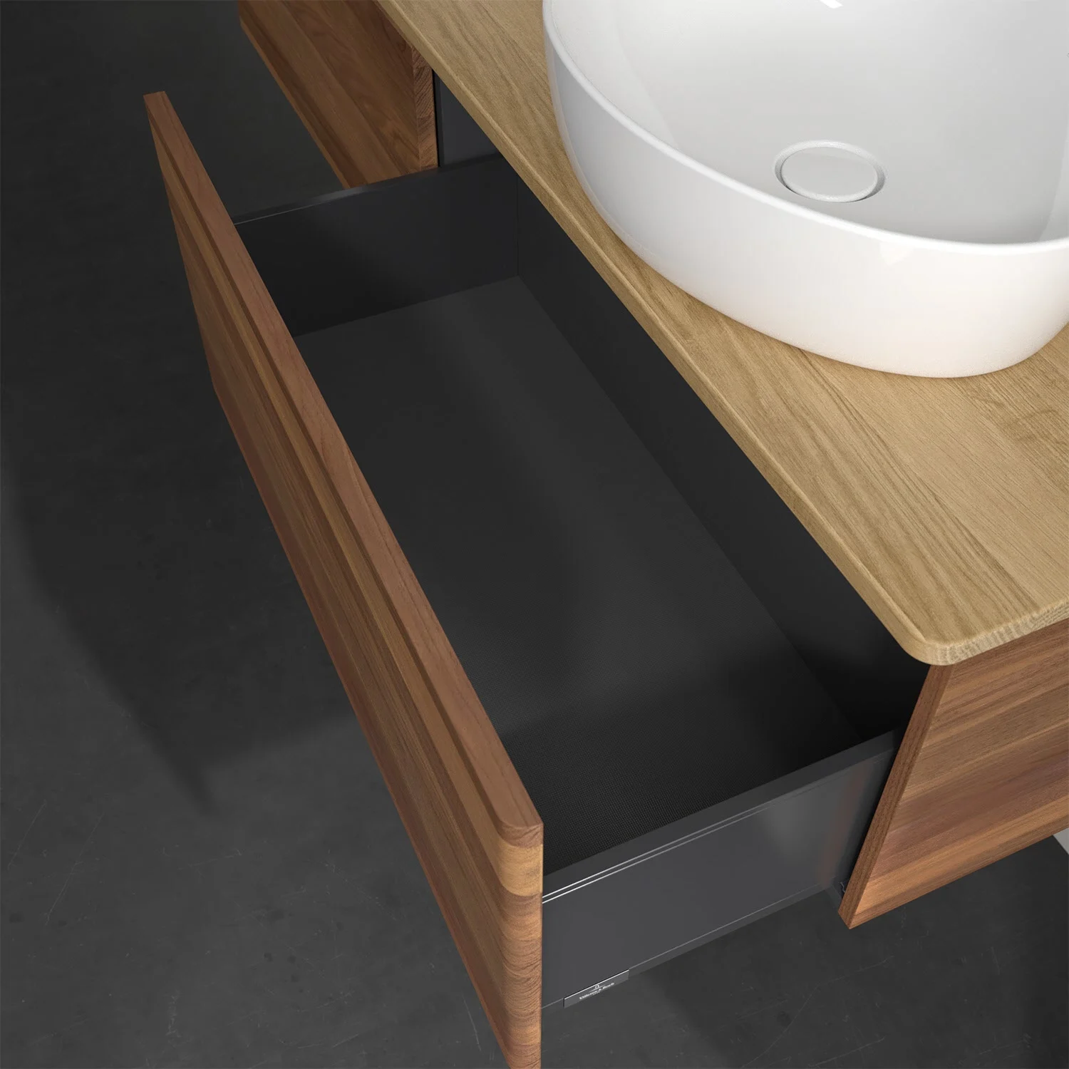 Umywalka z otwartą szufladą w ciemnym drewnie, Villeroy & Boch