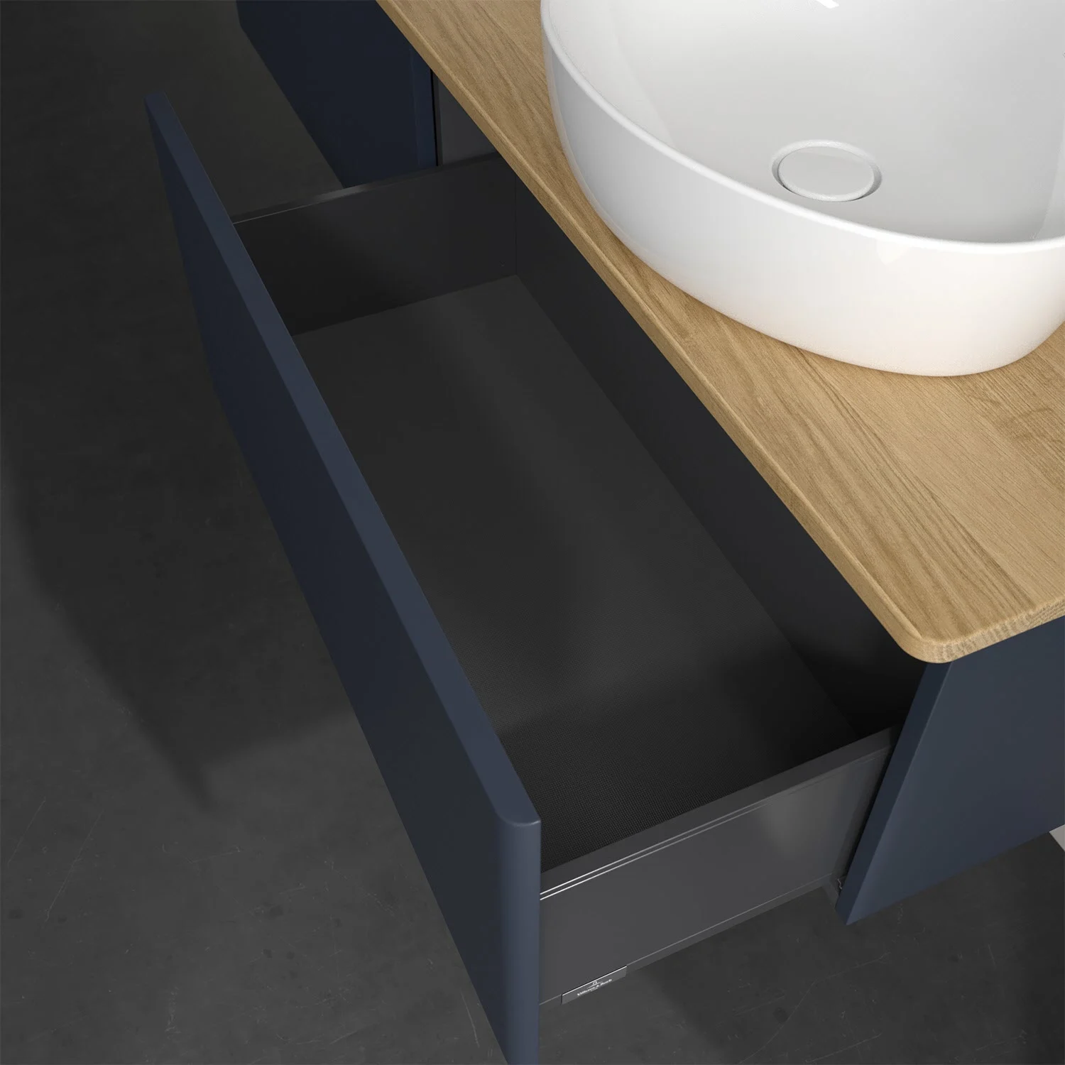 Umywalka z niebieską powierzchnią i otwartą szufladą, Villeroy & Boch
