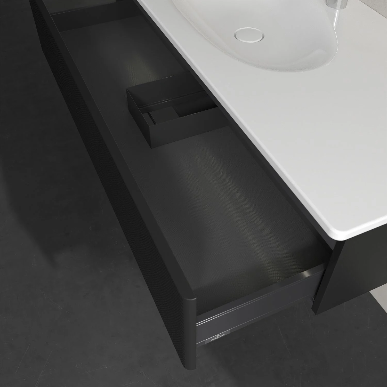 Czarna umywalka z otwartą szufladą z góry, Villeroy & Boch