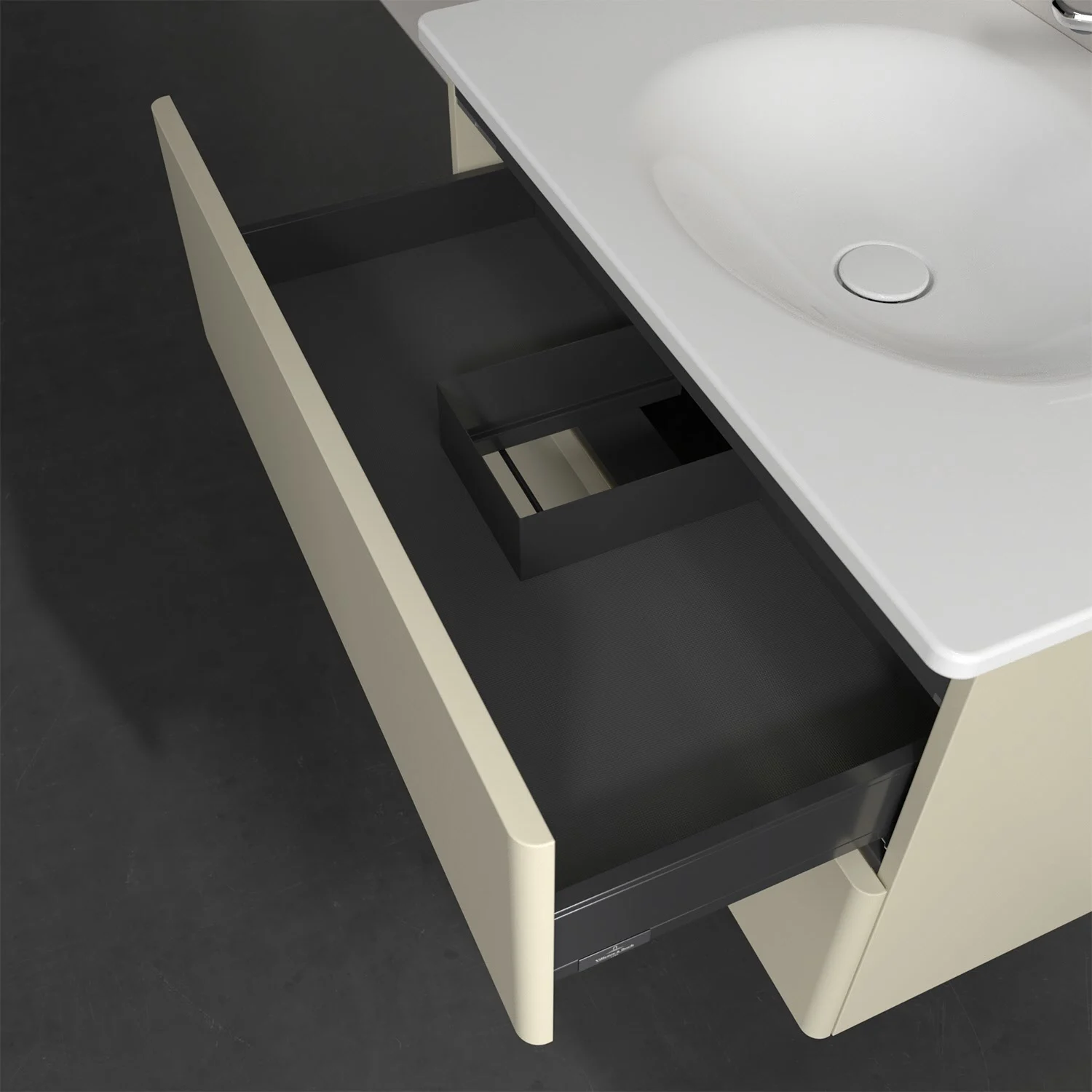 Otwarta szuflada pod białą umywalką, Villeroy & Boch