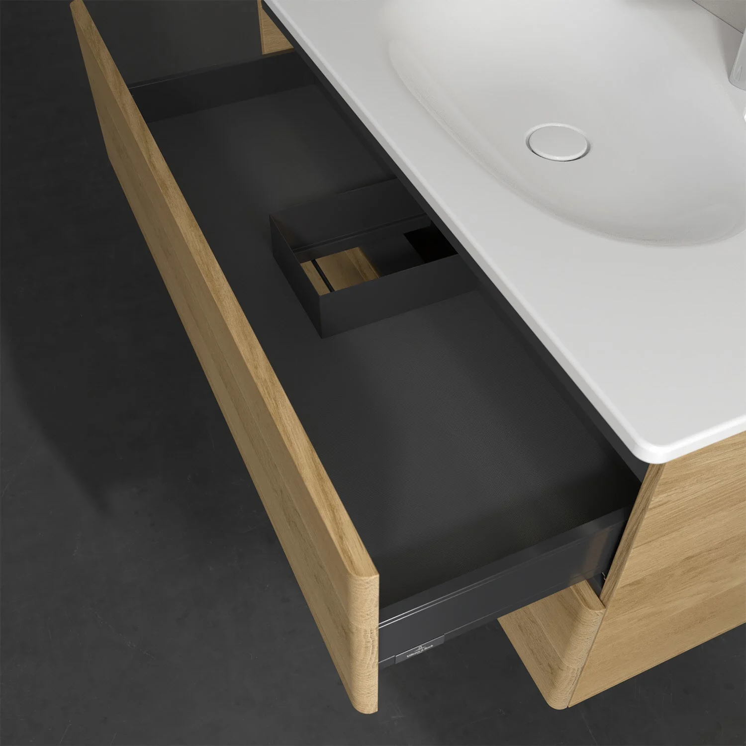 Drewniana szuflada z wbudowaną umywalką, Villeroy & Boch