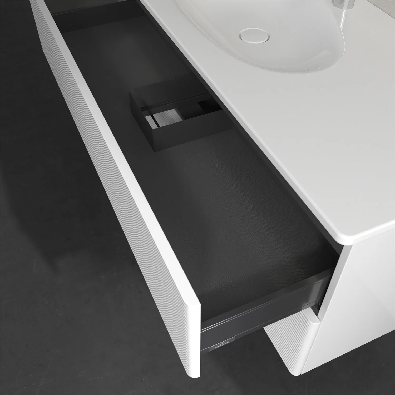 Otwarta szuflada pod białą umywalką, Villeroy & Boch