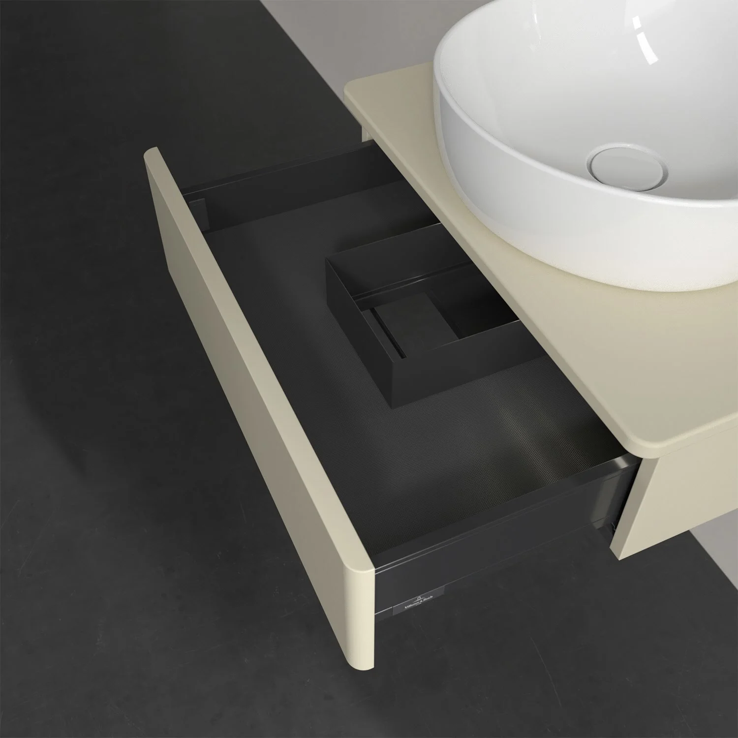 Otwarta szuflada pod białą umywalką, Villeroy & Boch