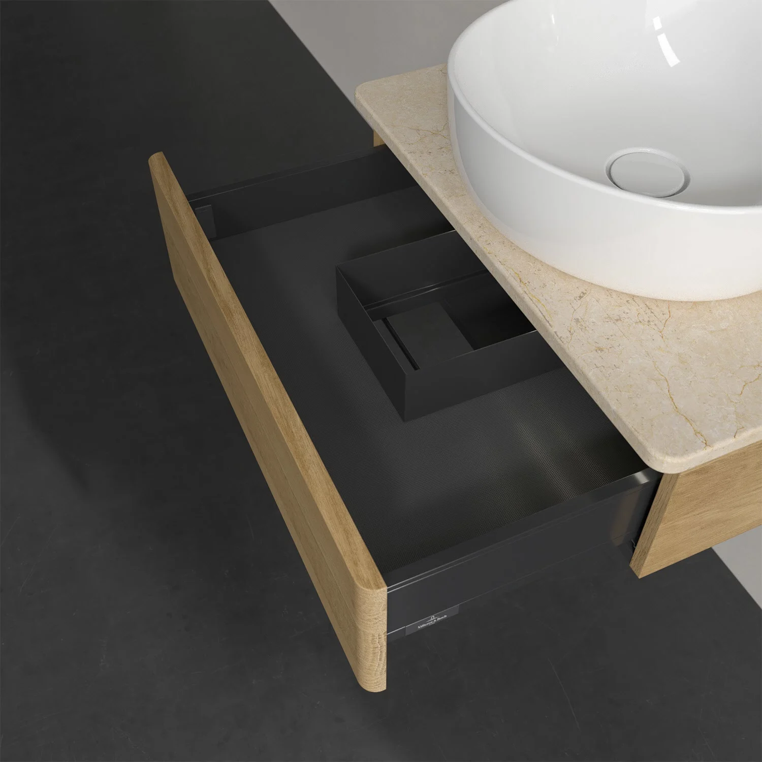 Drewniana szuflada pod umywalką z bliska, Villeroy & Boch