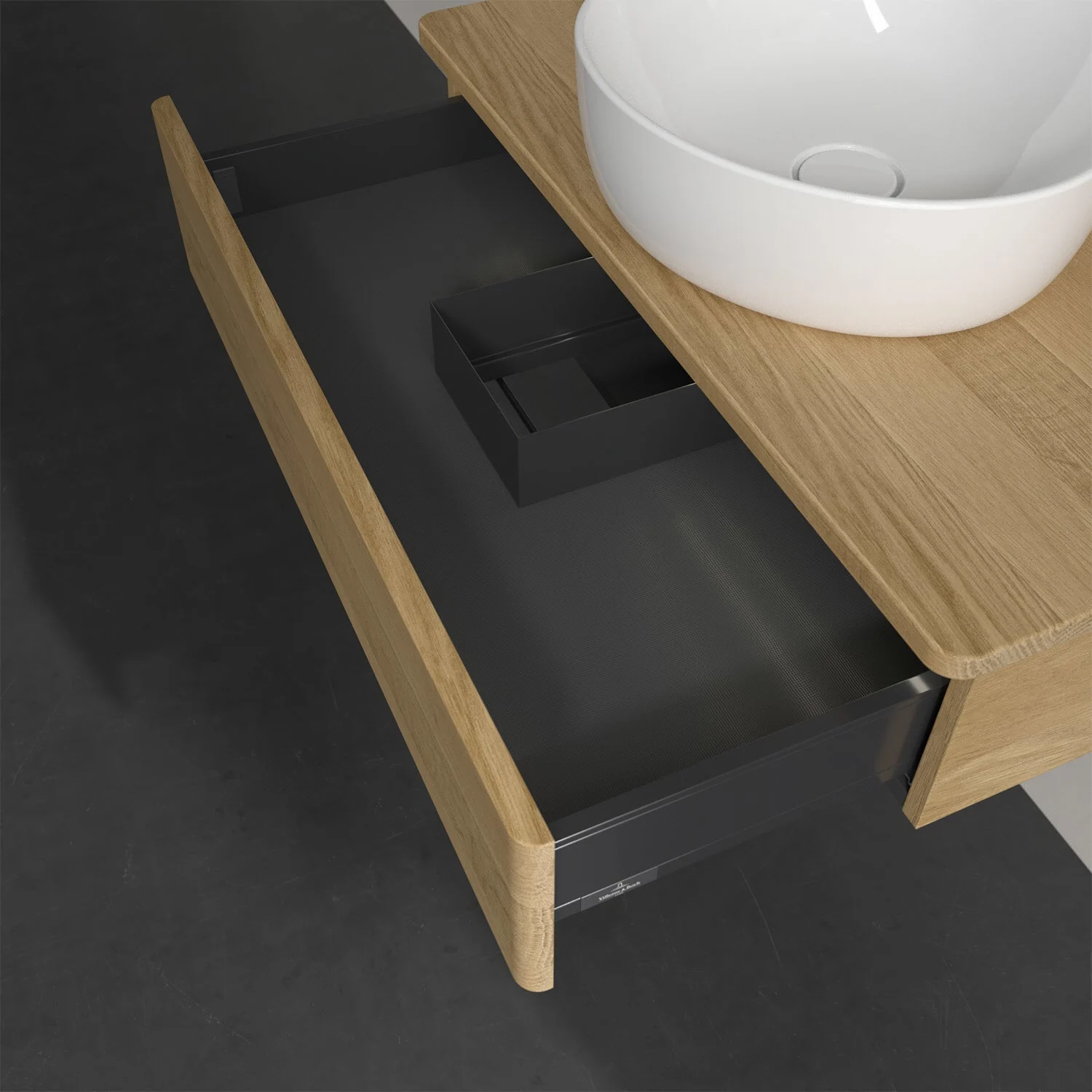 Drewniana szafka pod umywalkę z drewnianym blatem i umywalką, Villeroy & Boch