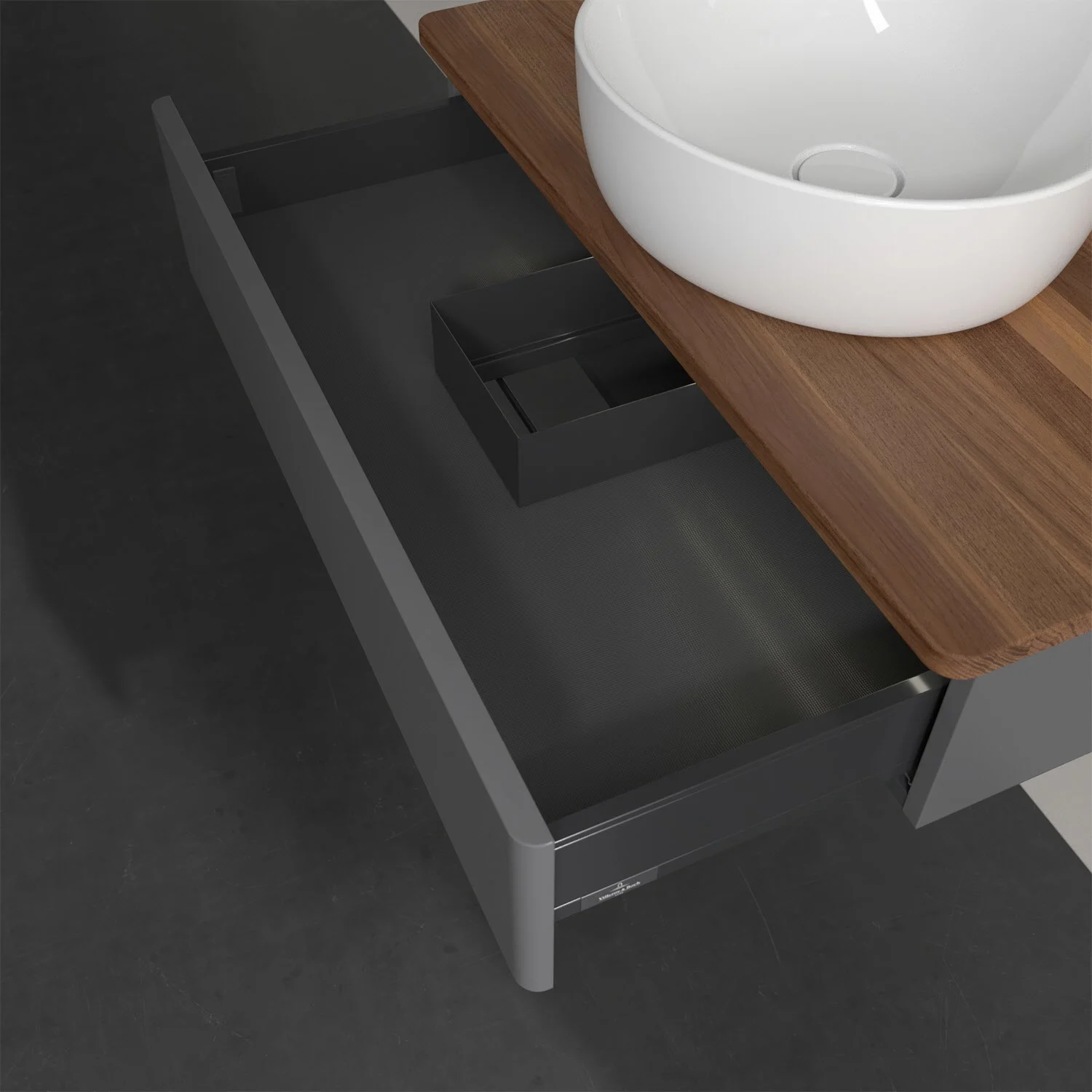 Otwarta szuflada pod umywalką widok z góry, Villeroy & Boch