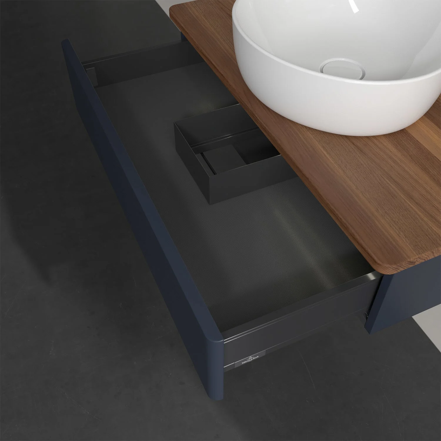 Otwarta szuflada pod umywalką widok z góry, Villeroy & Boch