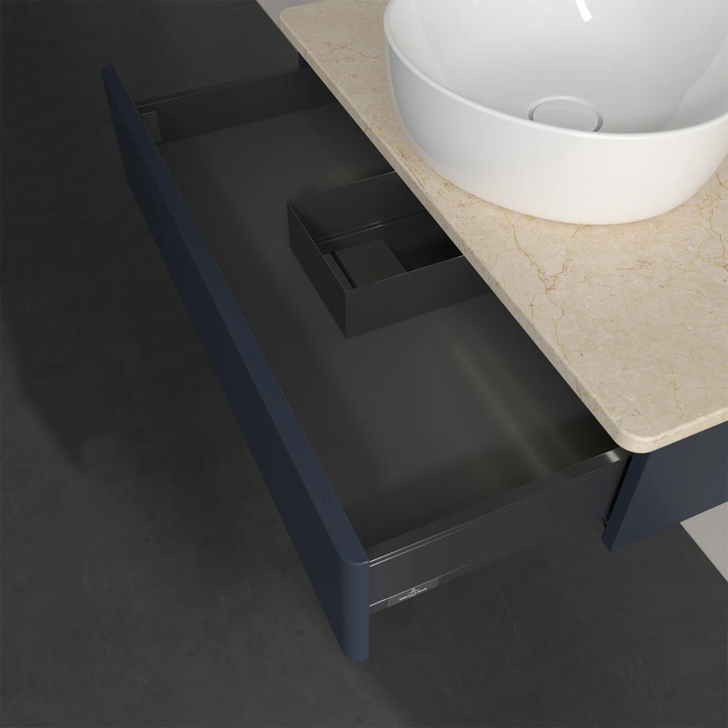 Zbliżenie na otwartą szafkę z umywalką, Villeroy & Boch