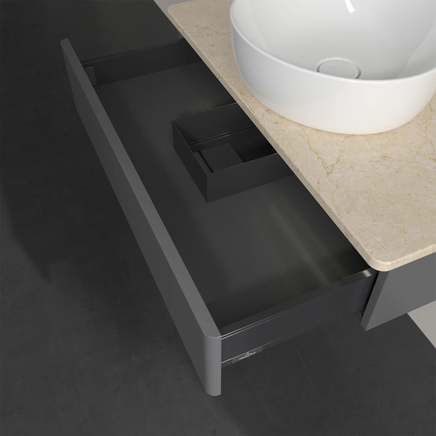 Otwarta szuflada pod zlewem z marmurowym blatem, Villeroy & Boch