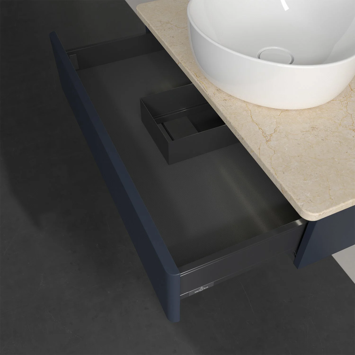 Otwarta szuflada pod zlewem z marmurowym blatem, Villeroy & Boch